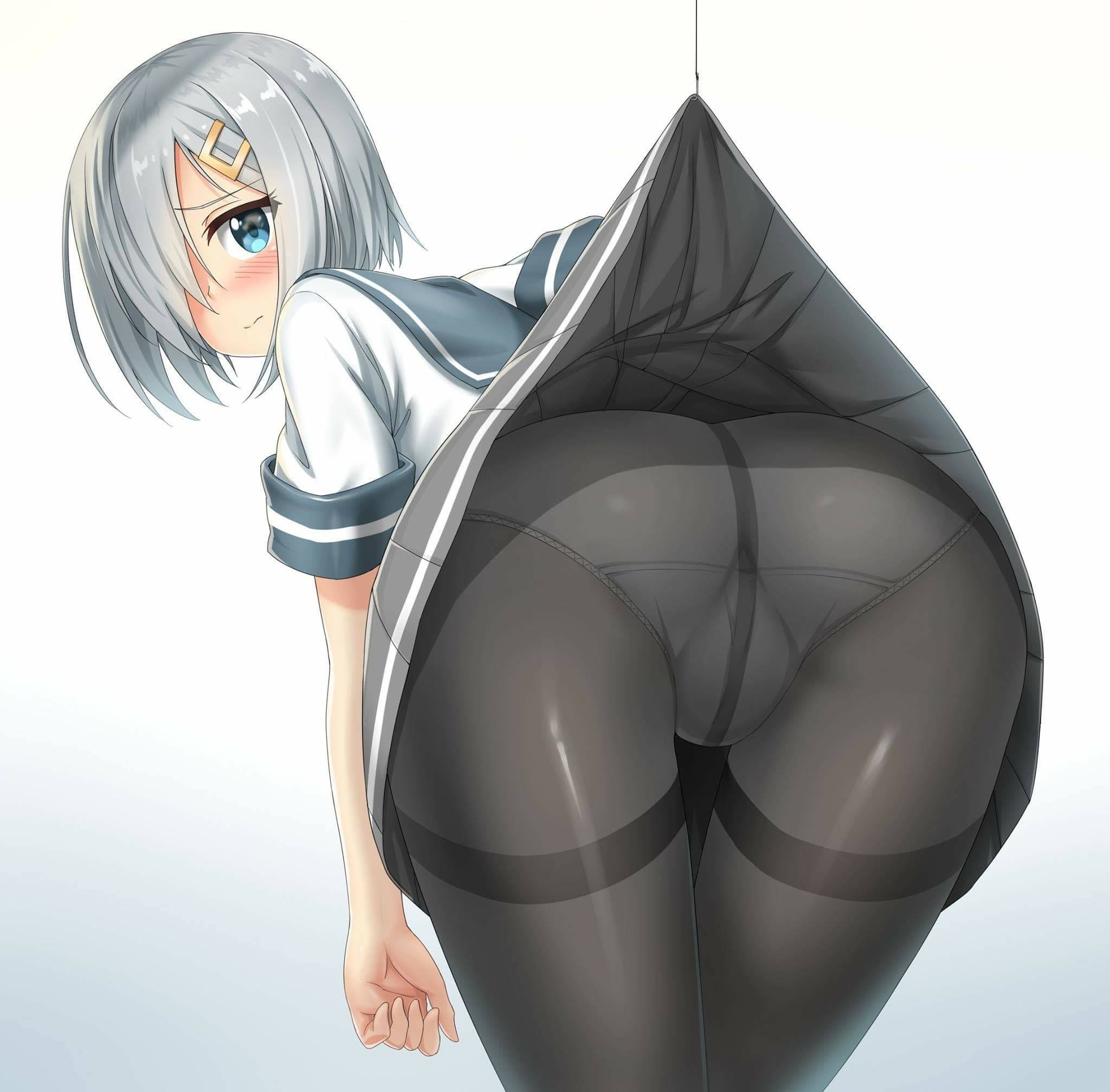 1girls, ass, bent over, black legwear, blush, cameltoe, female, hamakaze (kantai collection), kantai collection, looking at viewer, looking back, panties, pantyhose, pussy, schoolgirl, schoolgirl uniform, silver hair, skin tight, skirt, skirt lift, solo, underwear, uniform, worried