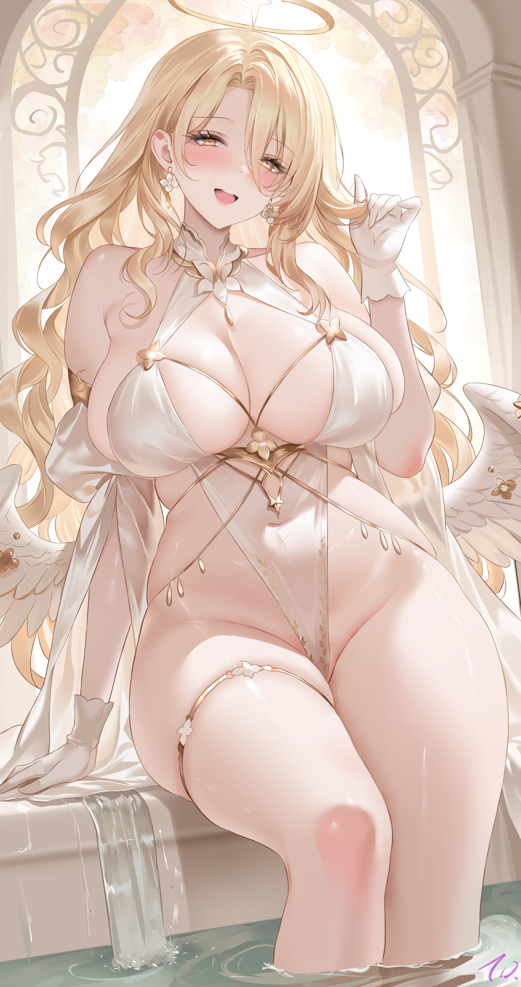 angel, bare shoulders, blonde hair, blush, breasts, cleavage, dress, earrings, feathered wings, female, female only, halo, halterneck, highleg, indoors, jewelry, large breasts, light-skinned female, long hair, looking at viewer, nanoda002 (saber427), original, revealing clothes, sitting, smile, wings, yellow eyes