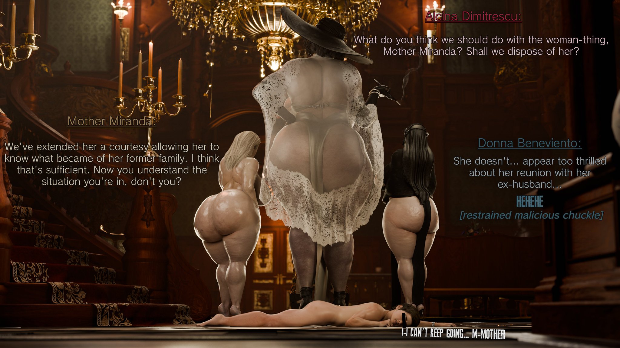 1boy, 3d, 3girls, alcina dimitrescu, ass, bbw, big ass, big breasts, big thighs, bigger female, bottom heavy, breasts, bust, busty, capcom, chubby, chubby female, curvaceous, curvy, curvy figure, donna beneviento, enormous ass, enormous breasts, enormous thighs, ethan winters, fat ass, female, giantess, gigantic ass, gigantic breasts, gigantic thighs, hips, huge ass, huge breasts, huge thighs, hyper ass, hyper thighs, large ass, large breasts, large thighs, larger female, light skin, light-skinned female, male, male/female, massive ass, massive breasts, massive thighs, mature, mature female, mother miranda (resident evil), multiple females, multiple girls, pale skin, pale-skinned female, pervertmuffinmajima, plump, plump ass, plump thighs, plus size, plus-size, resident evil, resident evil 8: village, shorter male, size difference, smaller male, straight, thick, thick ass, thick hips, thick legs, thick thighs, thighs, top heavy, voluptuous, waist, wide ass, wide hips, wide thighs
