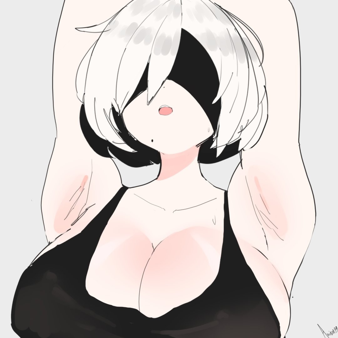 1girl 1girls adult adult_female akisas99 armpit armpit_crease armpit_focus armpit_peek armpits background big_boobs big_breasts blindfold blindfolded blindfolded_female breasts busty busty_female busty_girl eye-level_view from_front front_view grey_background hairless_armpits huge_boobs huge_breasts large_boobs large_breasts lower_body_out_of_frame mature mature_female mature_woman mole mole_on_body mole_on_cheek mole_on_face mole_under_mouth monotone_background nier nier:_automata nier_(series) one_color_background open_mouth parted_lips plain_background plump_breasts presenting_armpit shaved_armpits solid_color_background tongue top_view upper_teeth white-haired_female white_hair woman yorha_2b