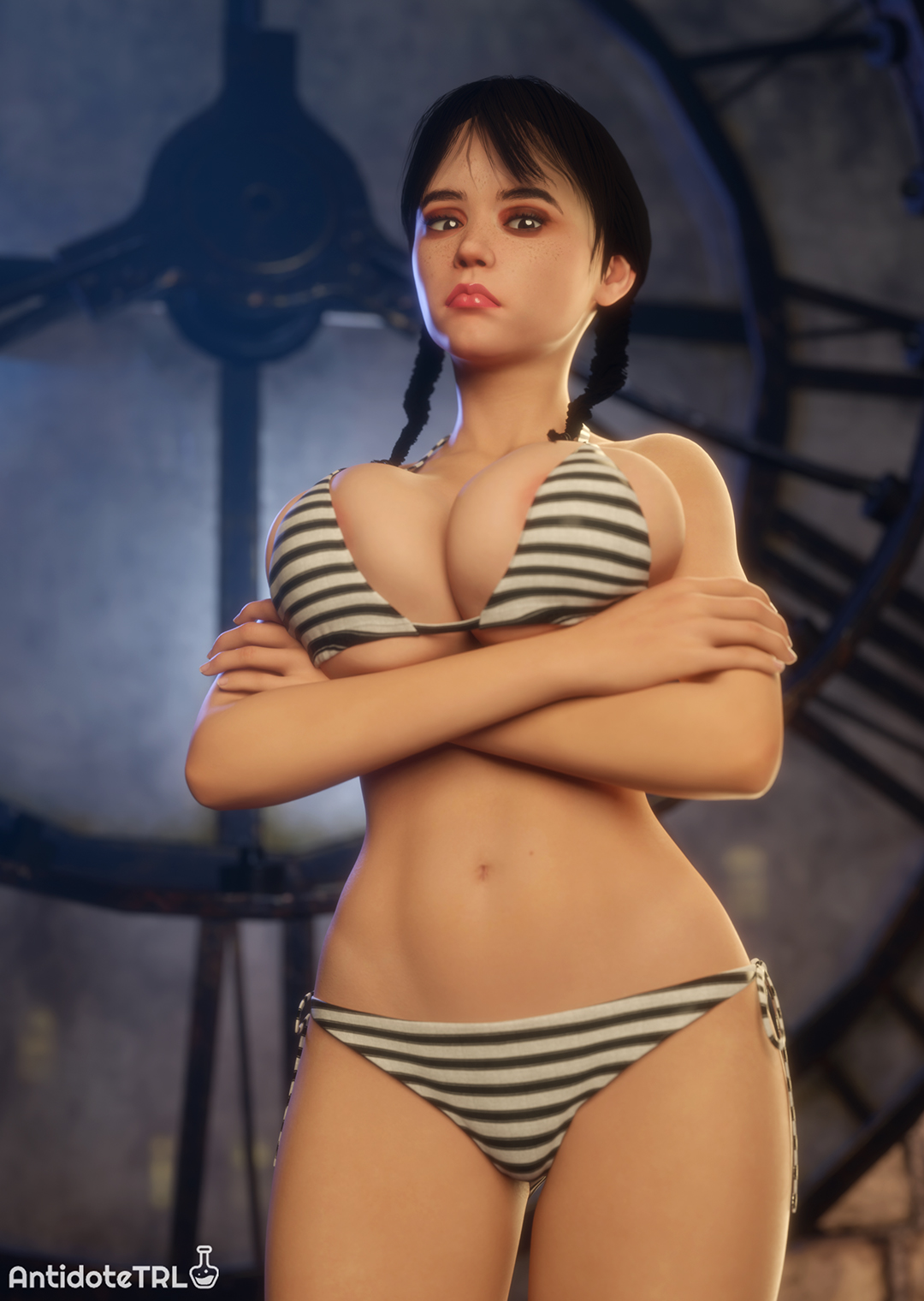 1girls, 3d, alternate version at source, antidotetrl, areola slip, areolae, arms crossed, big breasts, black hair, bra, braid, braided hair, braided twintails, braids, breasts, brown eyes, crossed arms, female, female only, goth, goth girl, huge breasts, human, jenna ortega, light skin, light-skinned female, lowleg panties, panties, pout, side-tie bikini, side-tie bikini bottom, side-tie panties, slender body, slender waist, solo, solo female, striped bikini, striped panties, the addams family, twintails, underwear, underwear only, wednesday (netflix), wednesday addams