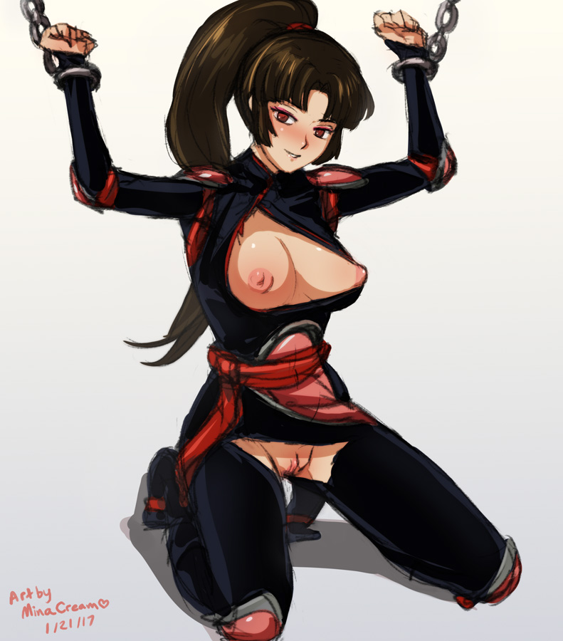 bodysuit breasts brown_hair chains eyeshadow female inuyasha knee_pads kneeling long_hair looking_at_viewer makeup minacream nipples ponytail pussy red_eyes restrained sango sash simple_background smile solo tied_hair torn_bodysuit torn_clothes white_background