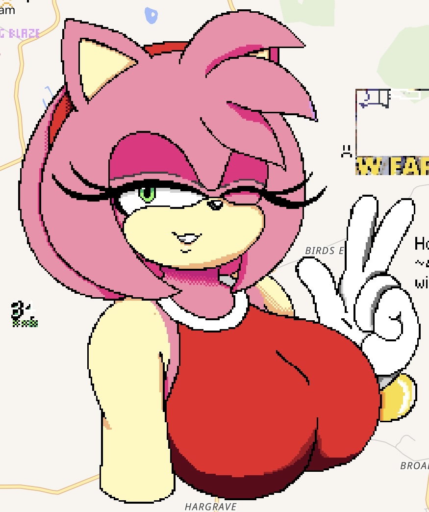 amy rose, bedroom eyes, breasts, female, gloves, green eyes, headband, hedgehog, huge breasts, large breasts, peace sign, pink body, pixel art, sonic (series), wplace