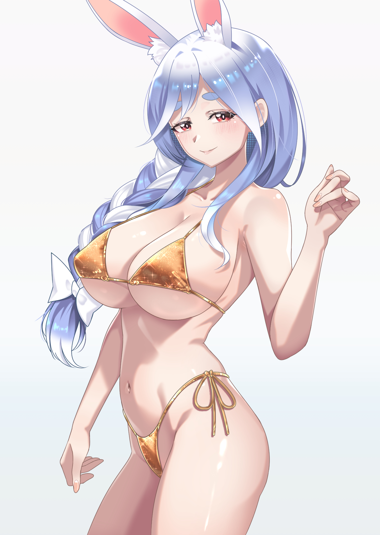 1girls, alternate version available, animal ears, big breasts, bikini, bikini bottom, bikini top, blush, bottomwear, braid, braided hair, breasts, bunny ears, cleavage, female, female only, golden bikini, golden week, hair, hair ribbon, hololive, huge breasts, light blue hair, liyan1112, mature, mature female, mature woman, milf, mother, nails, pekomama, red eyes, ribbon, smile, solo, solo female, swimwear, thighs, topwear, virtual youtuber, yellow bikini