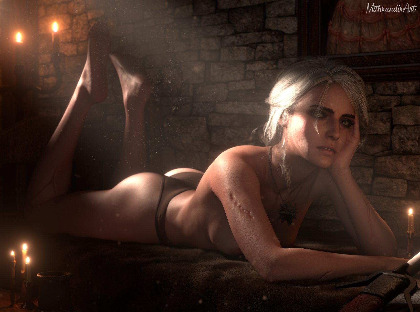 1girls, 3d, ass, breasts, cd projekt red, ciri, feet, feet up, female, freckles, green eyes, light-skinned female, looking at viewer, lying, lying on stomach, mascara, medium breasts, mithrandirart, nipples, nude, panties, realistic, scar, skinny, soles, solo, solo female, sword, the witcher (series), the witcher 3: wild hunt, toned, toned female, white hair, witcher medallion