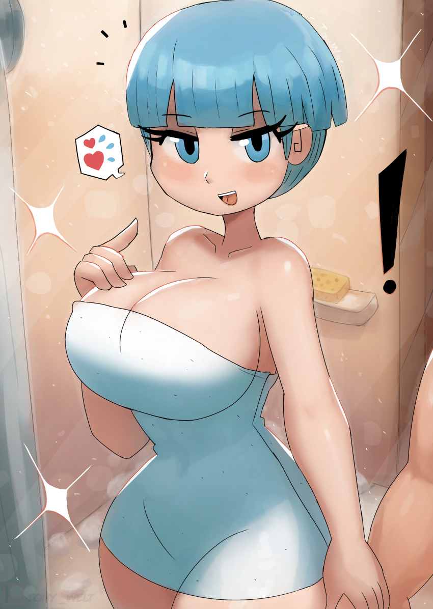 1boy, absurdres, bath, blue eyes, blue hair, blush, breasts, bulma, bulma briefs, cleavage, collarbone, curtains, dragon ball, dragon ball z, female, hand on own chest, heart, highres, husband and wife, large breasts, looking at viewer, male, naked towel, open mouth, short hair, smile, sparkle, speech bubble, spoken heart, spoken sweatdrop, sponge, standing, steam, straight, sweatdrop, teeth, thick thighs, thighs, tony welt, towel, vegeta, wide hips
