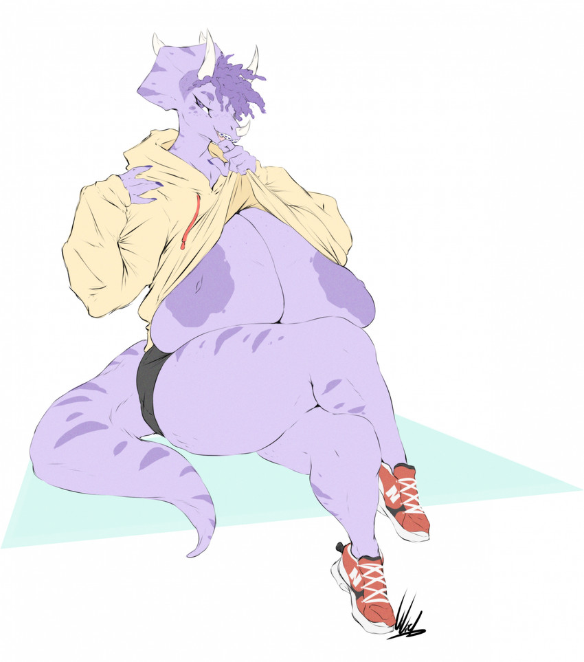 anthro, anthro female, areola, bedroom eyes, big breasts, bottomwear, braces, breasts, cavemanon studios, cellulite, ceratopsian, ceratopsid, chasmosaurine, clothed, clothing, clothing lift, curved horn, digital media (artwork), dinosaur, dullvivid, facial horn, female, female anthro, footwear, goodbye volcano high, half-closed eyes, hi res, hoodie, horn, hotpants, huge breasts, huge thighs, marginocephalian, mega milk, meme, narrowed eyes, nipples, nose horn, ornithischian, overweight, overweight female, prehistoric species, purple areola, purple nipples, reptile, sagging breasts, scalie, seductive, shirt, shirt lift, shoes, shorts, simple background, sitting, smile, smirk, smug, smug face, smug grin, sneakers, snoot game, solo, solo female, thick thighs, topwear, triceratops, trish (gvh), wide hips