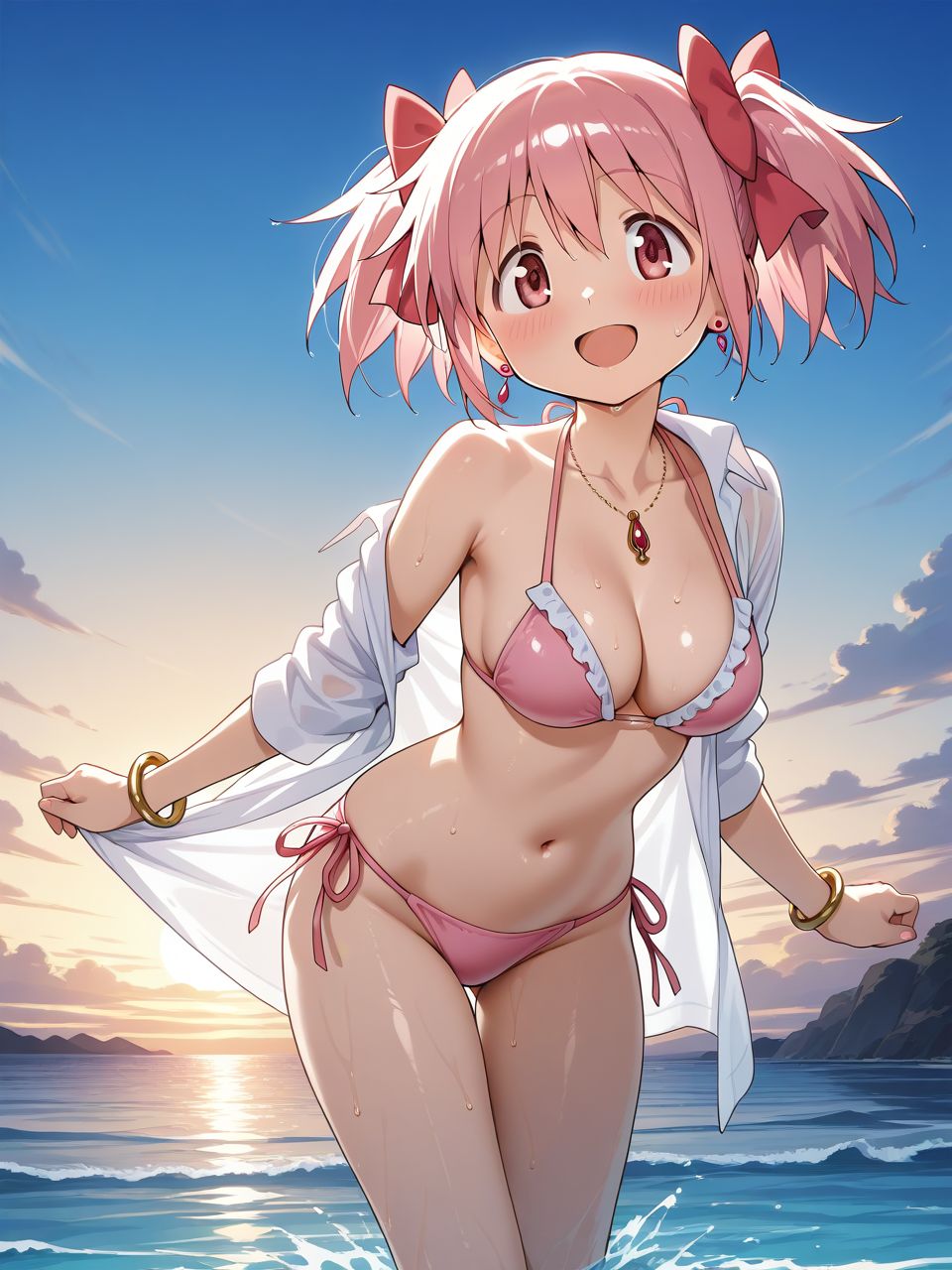 1girls, ai art, ai assisted, ai generated, athletic, athletic female, beach, bracelets, breasts, earrings, female, landscape, light skin, light-skinned female, madoka kaname, mahou shoujo madoka magica, medium breasts, medium hair, medium tits, navel, necklace, open mouth, pink bikini, pink earrings, pink eyes, puella magi madoka magica, short hair, twintails