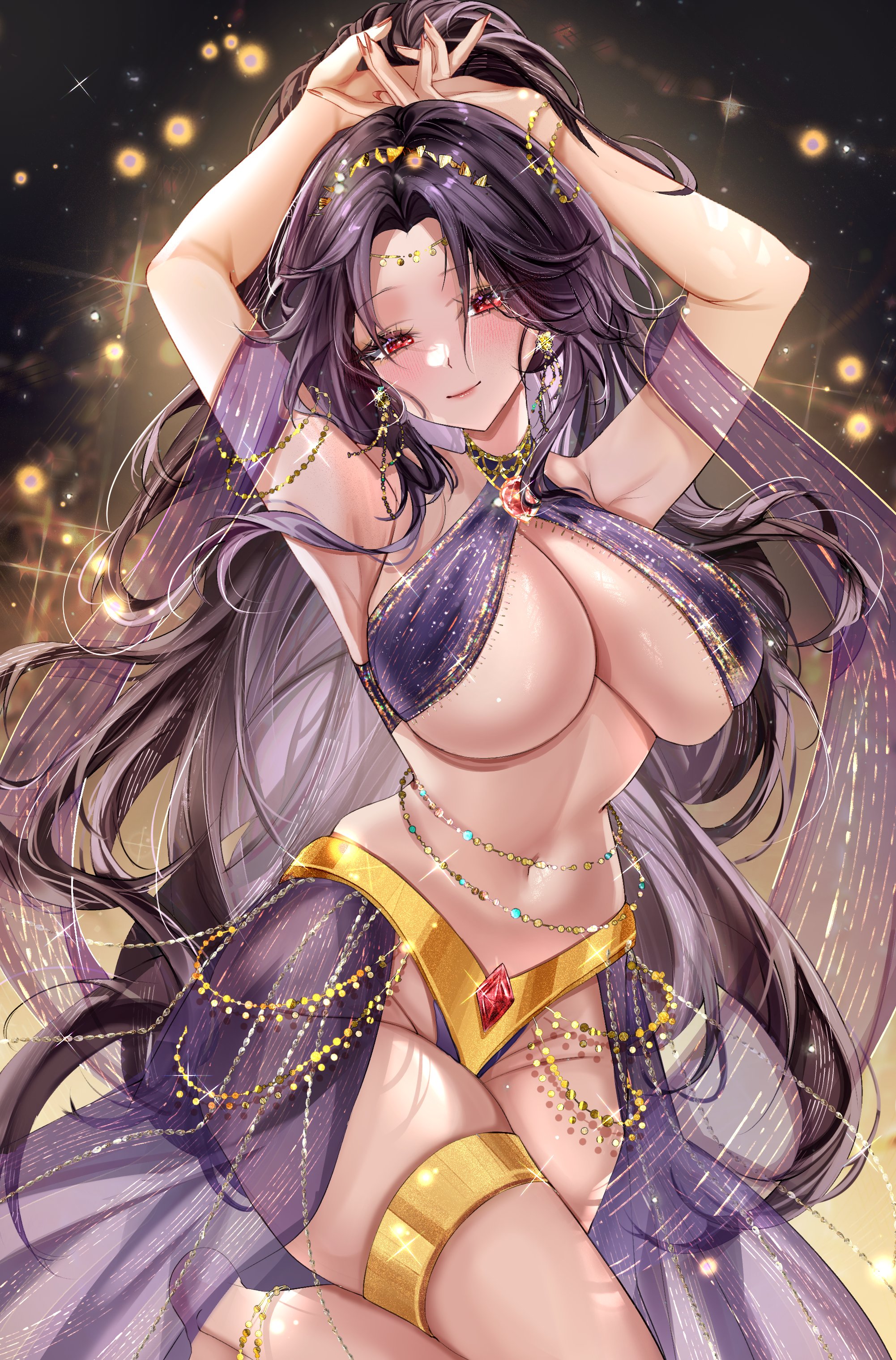 arabian clothes, arms up, belly dancer, belly dancer outfit, black hair, blush, breasts, cleavage, dancer, dancing, female, female only, harem outfit, large breasts, long hair, miuq chan, navel, red eyes, revealing clothes, see-through, smile, solo, veil