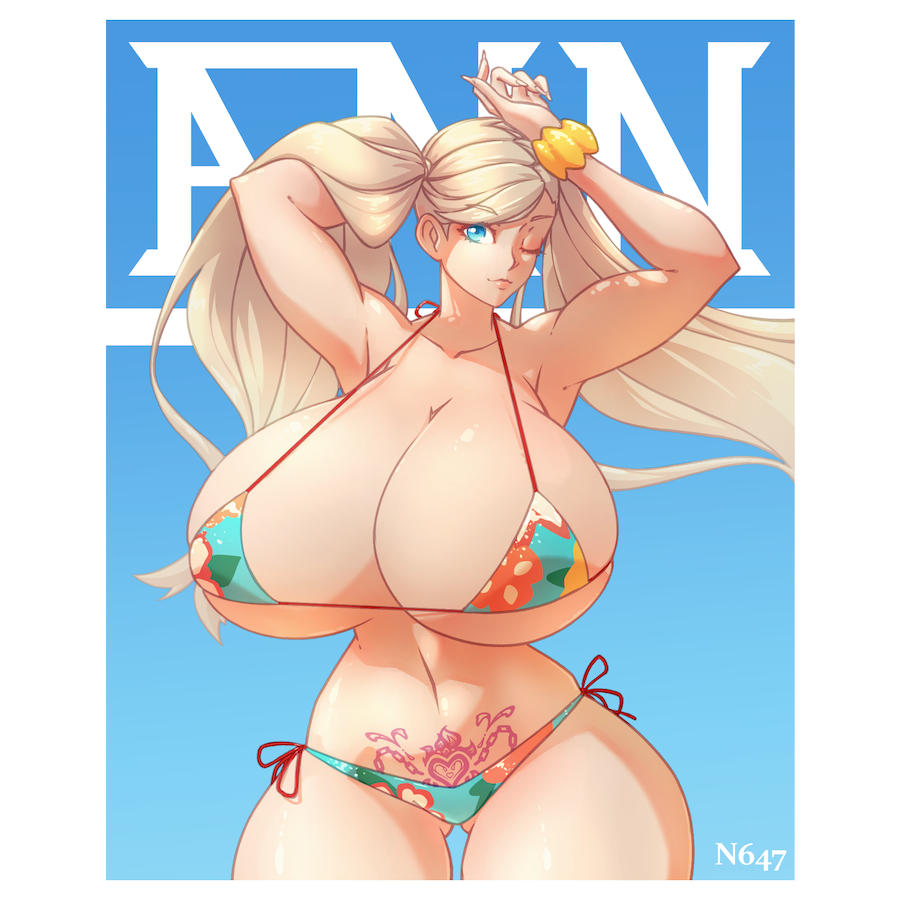 1girls, ann takamaki, ann takamaki (swimsuit), bikini, blonde hair, blue eyes, breasts, cleavage, female, female only, hand behind head, huge breasts, looking at viewer, magazine cover, n647, persona, persona 5, solo, stomach tattoo, thick thighs, wide hips, wink