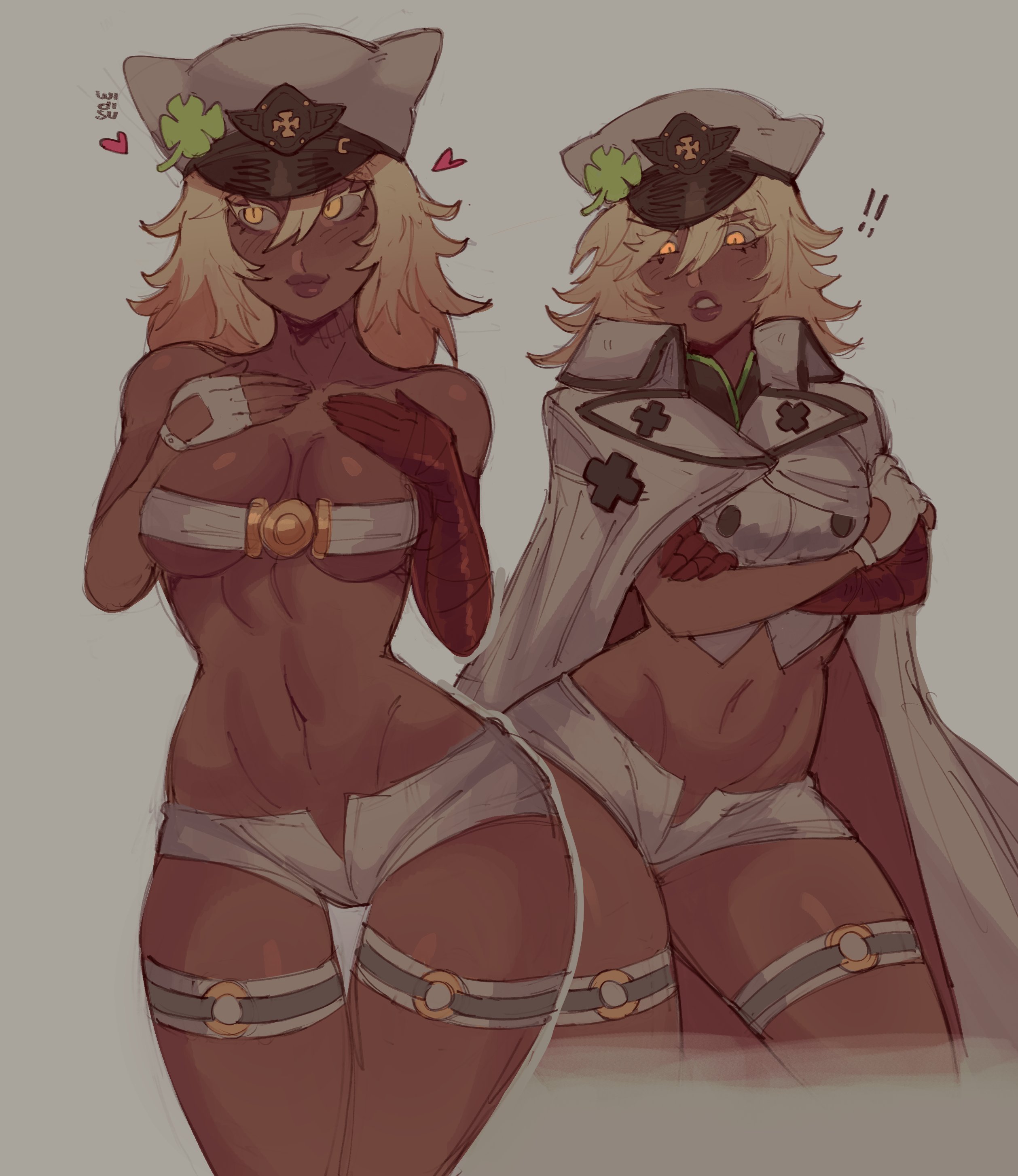 !, !!, absurdres, asymmetrical gloves, belt bra, blonde hair, breasts, cape, commentary, crossed arms, dark skin, dark-skinned female, double-parted bangs, elbow gloves, female, female only, fingerless gloves, gloves, grey cape, grey hat, grey shorts, greyscale, guilty gear, guilty gear strive, hair between eyes, hands on own chest, hat, heart, highres, lips, looking down, looking to the side, medium breasts, medium hair, mismatched gloves, monochrome, multiple views, nipples covered, parted lips, ramlethal valentine, red gloves, short shorts, shorts, simple background, single elbow glove, single fingerless glove, stomach, thigh strap, white gloves, widisu, yellow eyes