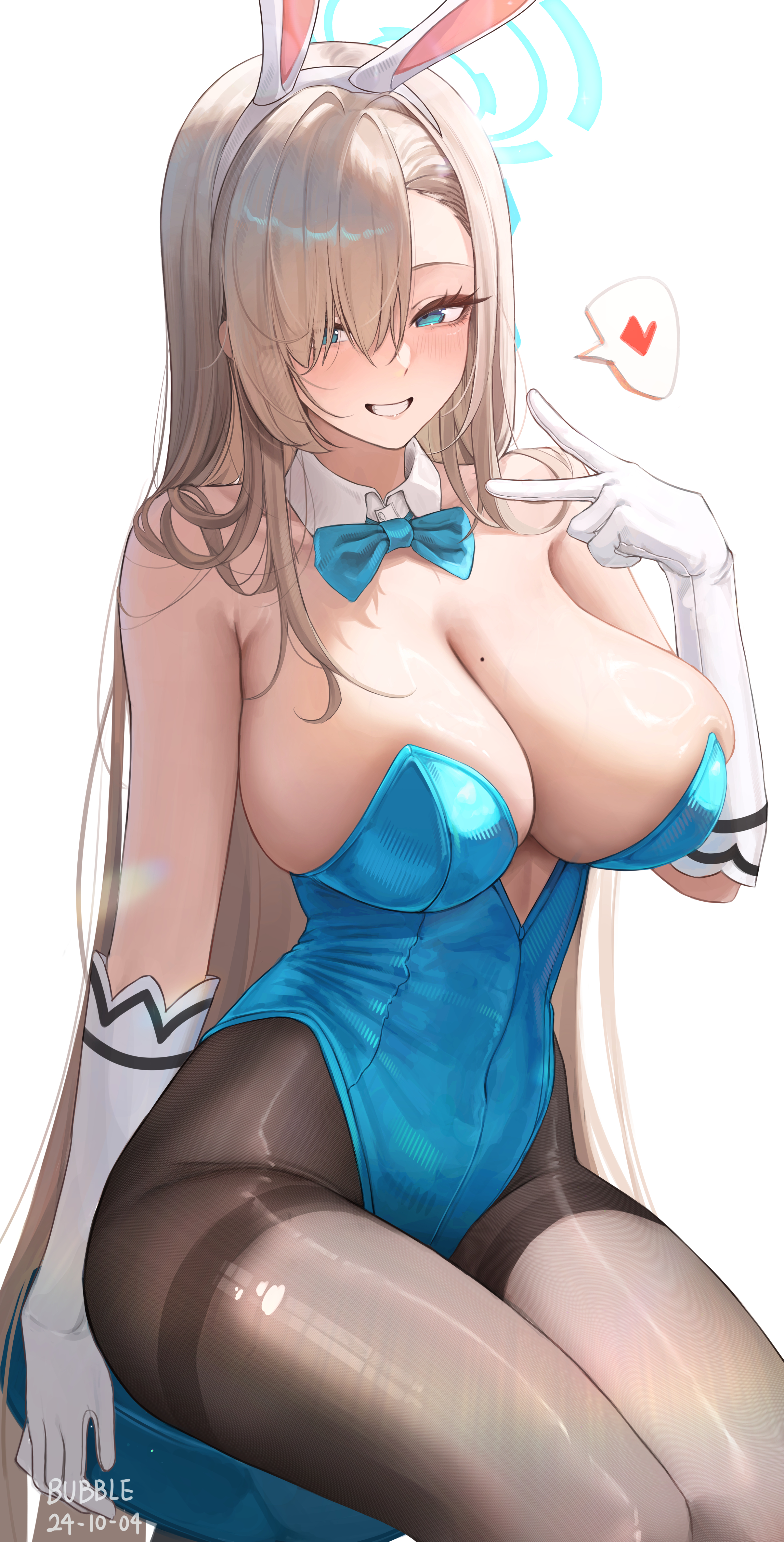 1girls, absurdres, animal ears, asuna (blue archive), asuna (bunny) (blue archive), bare shoulders, black pantyhose, blue archive, blue bow, blue bowtie, blue eyes, blue leotard, blush, bow, bowtie, breasts, bubble99, bunny ears, bunny tail, bunnysuit, detached collar, fake animal ears, female, female only, gloves, hair over one eye, halo, heart, highres, huge breasts, leotard, light brown hair, long hair, looking at viewer, mole, mole on breast, official alternate costume, pantyhose, simple background, smile, solo, spoken heart, strapless, strapless leotard, thighband pantyhose, traditional bowtie, v, very long hair, white background, white gloves