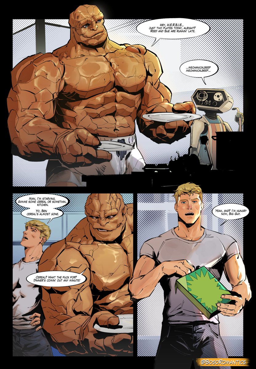 blonde hair, blonde male, blonde-haired male, bosoromantics, comic, comic page, fantastic four, fantastic four: first steps, gay, human torch, human torch (marvel rivals), johnny storm, male, male only, marvel, marvel comics, marvel rivals, muscular, muscular male, the thing (marvel rivals), the thing (marvel)