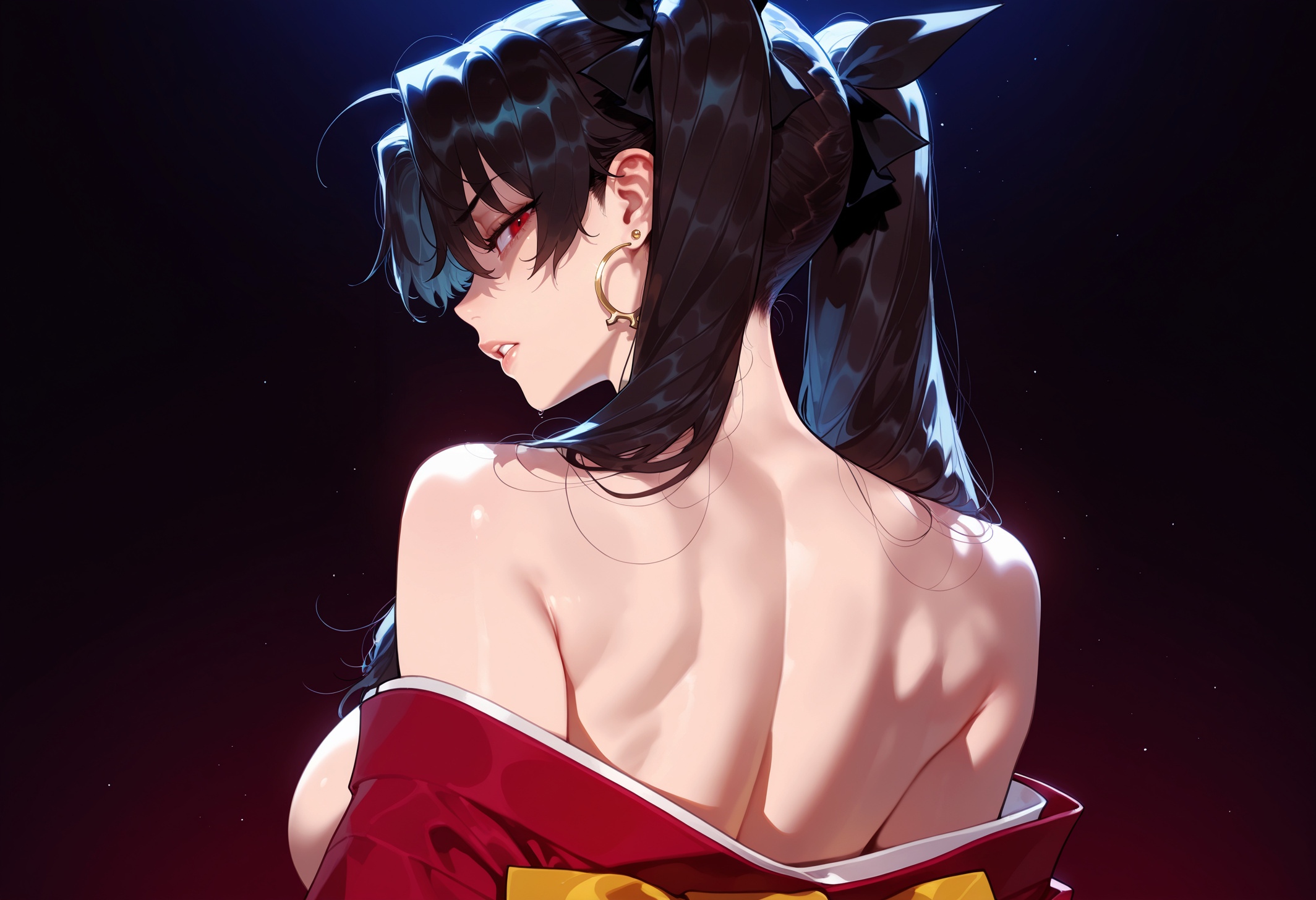 1girls, ai generated, back, back focus, backboob, balecxi, bangs, bare back, bare shoulders, black hair, black ribbon, breasts, clothing, curvaceous, curvaceous female, curvaceous figure, curvy, curvy figure, earrings, fate (series), fate/grand order, female, female focus, female only, from behind, gold earrings, hair ornament, hair over shoulder, hair ribbon, hoop earrings, ishtar (fate), japanese clothes, jewelry, kimono, kimono pull, large breasts, long hair, looking at viewer, looking back, median furrow, off shoulder, parted bangs, parted lips, red eyes, red kimono, ribbon, robe, shoulder blades, sideboob, solo, traditional clothes, twintails, two side up, upper body, voluptuous, voluptuous female, wafuku