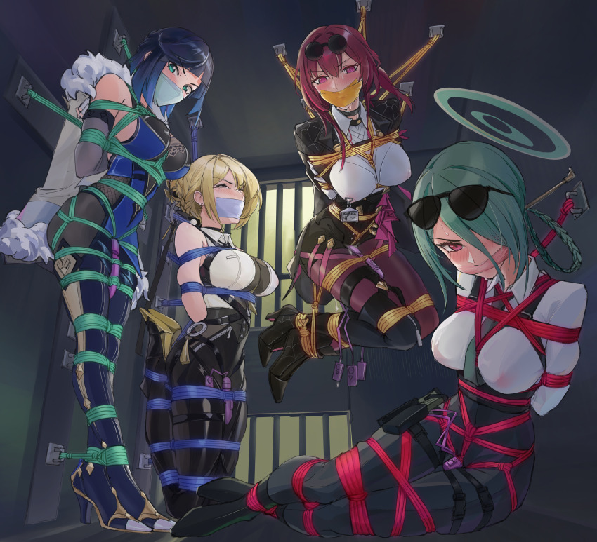 4girls, absurdres, arms behind back, blonde hair, blue archive, blue hair, bondage, bound, bound ankles, breasts, cleave gag, doradofin, evelyn chevalier, eyewear on head, female, gag, gagged, genshin impact, green hair, halo, highres, honkai (series), honkai: star rail, improvised gag, indoors, kafka (honkai: star rail), looking at viewer, mask gag, mina (blue archive), multiple females, multiple girls, pantyhose, pink hair, prison, prison cell, red eyes, restrained, rope, sex toy, shibari over clothes, slave raid, suspension, tape, tape gag, vibrator, yelan (genshin impact), zenless zone zero