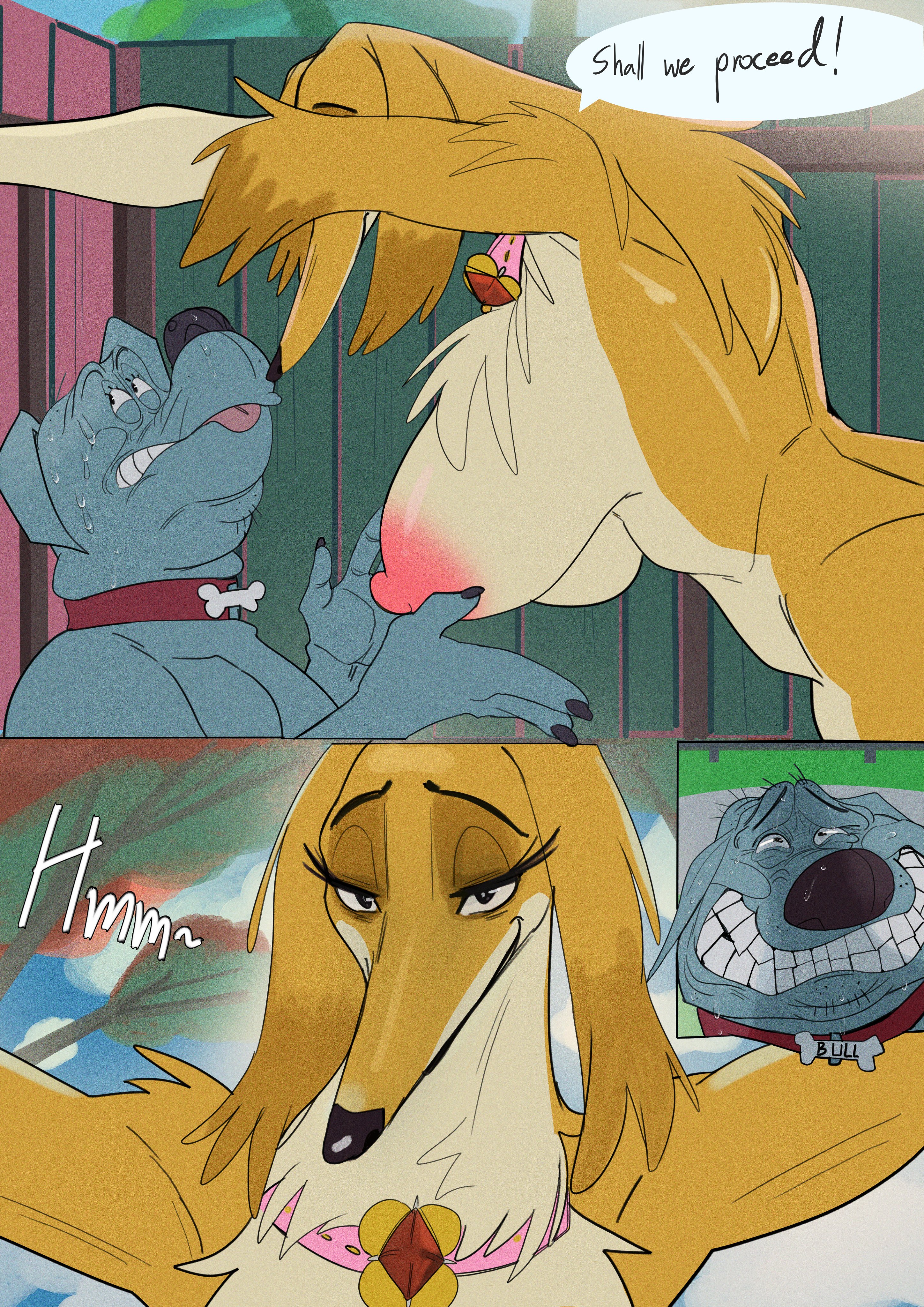 1boy, 1girls, anthro, anthrofied, assertive female, big breasts, borzoi, breasts, bull (fixed), canid, canine, canis, canon couple, creepy smile, domestic dog, female, fixed (film), height difference, honey (fixed), imminent sex, male, male/female, nervous, nervous male, nervous smile, nervous sweat, netflix, rolling beast, size difference, smaller male, sony pictures animation, sweat, sweating, sweating profusely, taller female