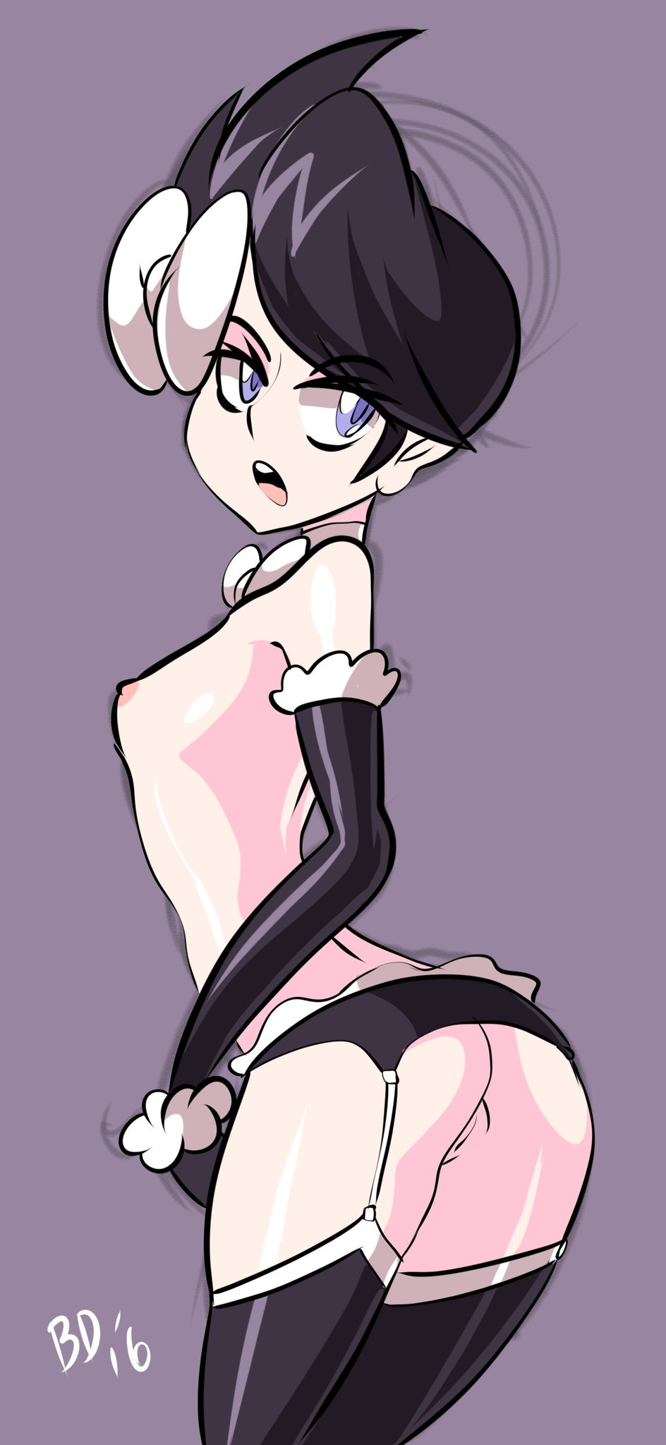 1girls, ass, bigdeadalive, black hair, breasts, female, human, looking at viewer, looking back, marley (pokemon), nintendo, nipples, nude, pokemon, pokemon dppt, pussy, shiny skin, short hair, small breasts, solo, text