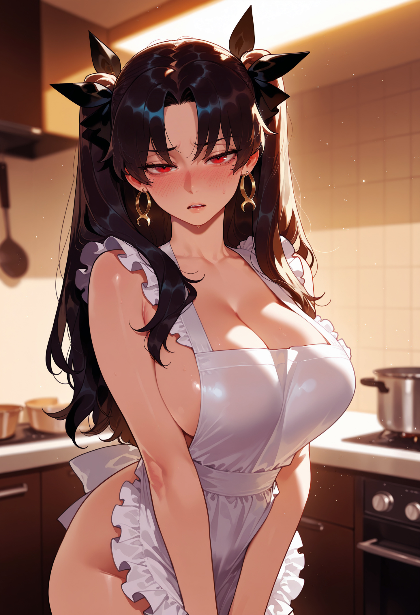1girls, ai generated, alternate breast size, apron, balecxi, bangs, bare shoulders, black hair, black ribbon, blush, bow, breasts, cleavage, clothing, collarbone, cooking pot, curvaceous, curvaceous female, curvaceous figure, curvy, curvy figure, earrings, fate (series), fate/grand order, female, female focus, female only, frilled apron, frills, gold earrings, hadaka apron, hair ornament, hair ribbon, hoop earrings, indoors, inviting, ishtar (fate), jewelry, kitchen, ladle, large breasts, long hair, looking at viewer, naked apron, open mouth, parted bangs, parted lips, presenting, presenting ass, presenting breasts, presenting hindquarters, presenting self, red eyes, ribbon, seductive, seductive look, seductive smile, shiny skin, sideboob, solo, stove, thighs, twintails, two side up, v arms, voluptuous, voluptuous female, white apron
