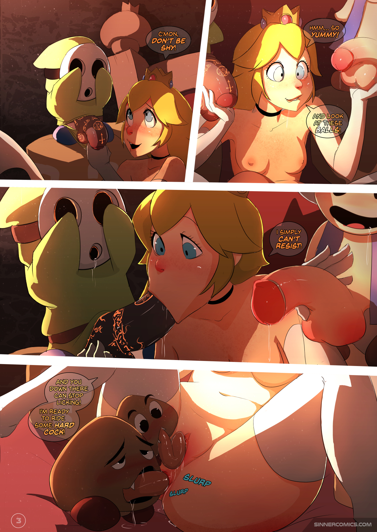 :>=, 1girls, comic, cunnilingus, fellatio, female, goomba, male, mario (series), multiple boys, multiple males, nintendo, oral, princess peach, shy guy, sillygirl, sinner, super mario bros., tagme, toad (mario)