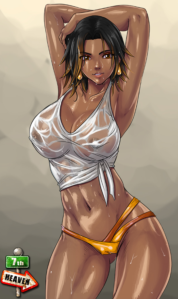 7th-heaven altera arms_up ass_visible_through_thighs black_hair blonde_hair breasts brown_eyes dark-skinned_female dark_skin earrings eyeshadow female female_only final_fantasy final_fantasy_xiv hyur looking_at_viewer makeup navel nipples panties see-through short_hair smile solo two_tone_hair underwear wet wet_clothes wet_shirt yellow_panties