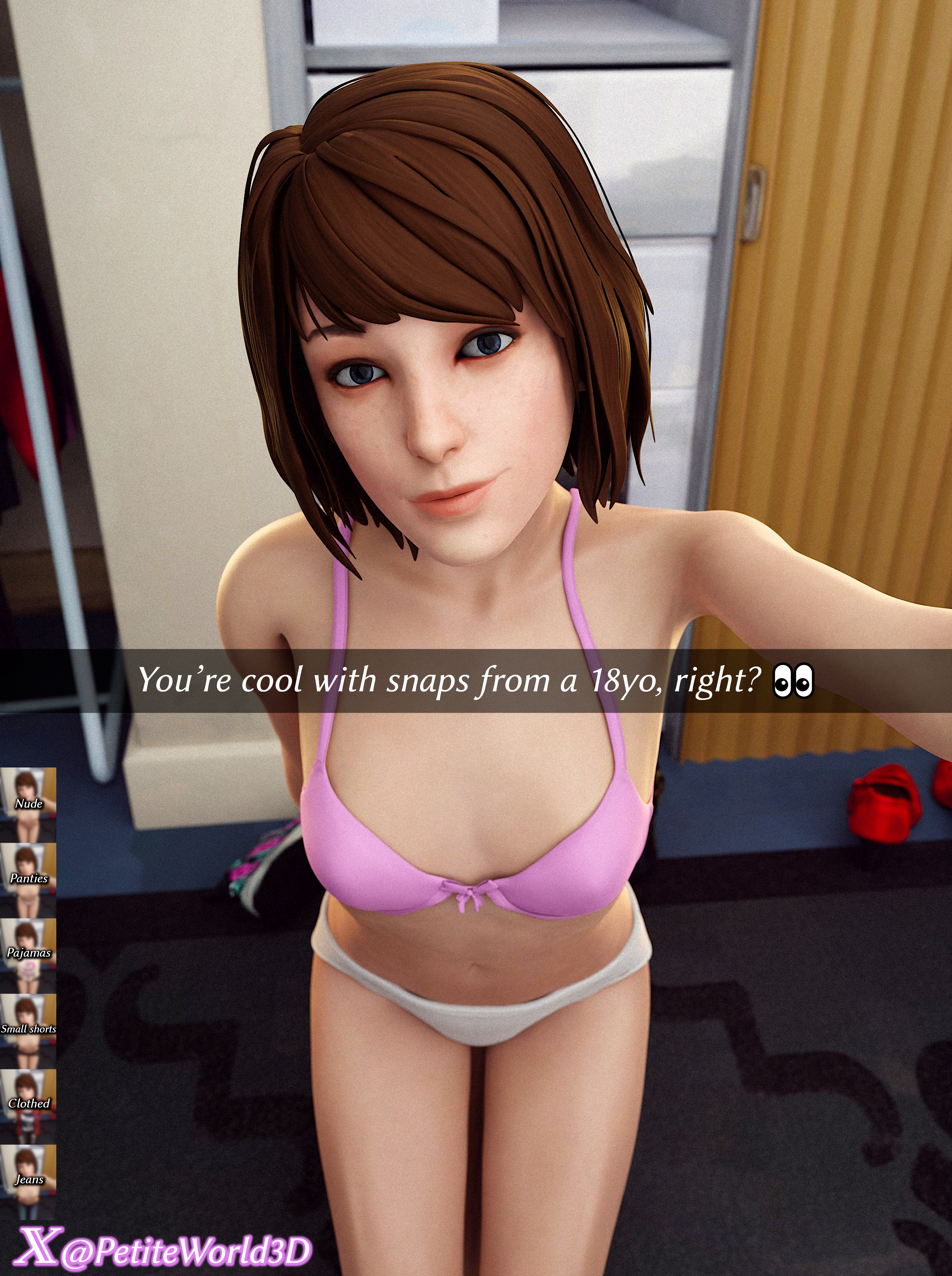 3d, 3d (artwork), bra, darkbahamuth, female, life is strange, max caulfield, panties, petite, pinup, selfie, snapchat, teenage female, teenager, underwear, young