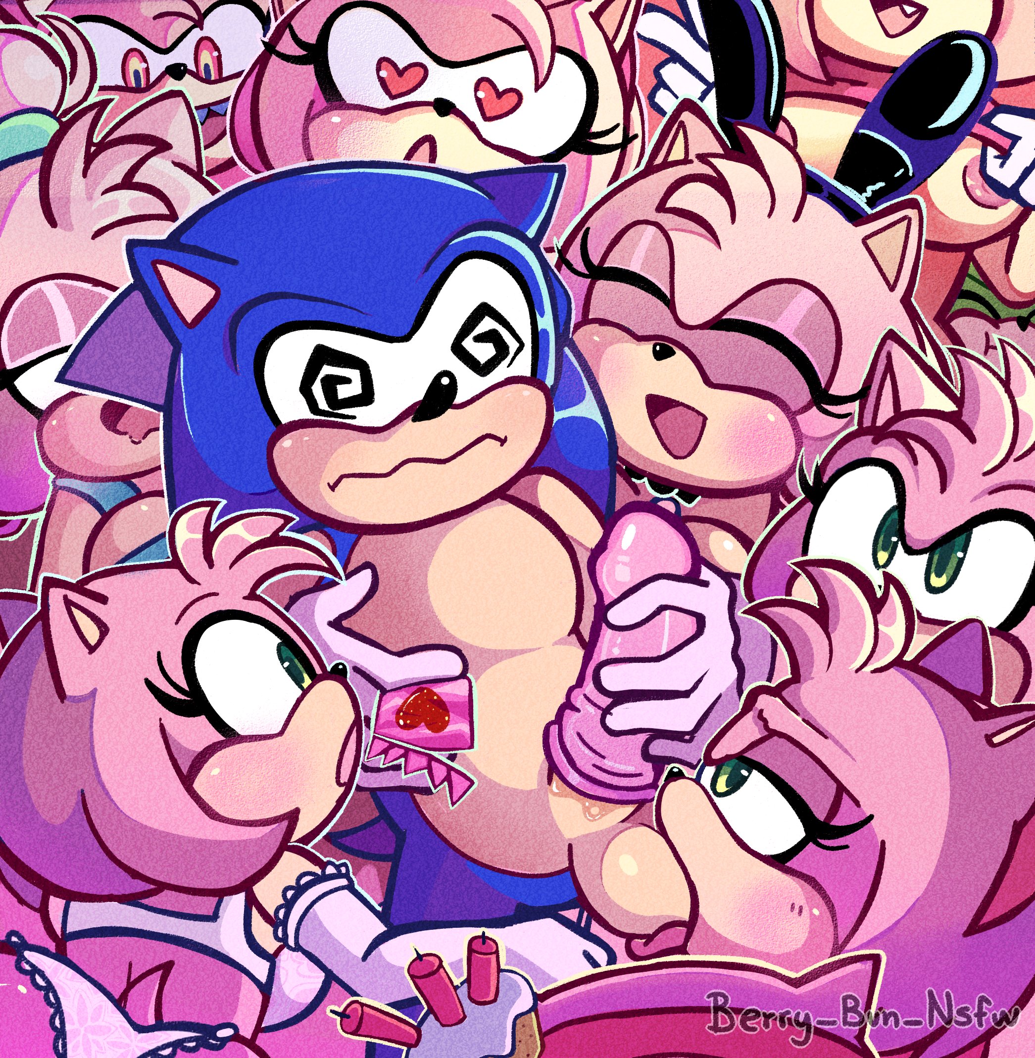 10girls, 1boy, amy rose, anthro, anthro female, anthro male, anthro male on anthro female, anthro on anthro, anthro only, areolae, artist name, artist watermark, balls, balls sucking, bending, bending down, bending forward, bending over, berry bun, birthday hat, black headwear, black nose, blue fur, blush, blushing, breasts, bunny ears, candle, closed eyes, clothed, clothes lift, cock, condom, dick, eulipotyphlan, eye closed, eyelashes, eyes wide, eyes wide open, female, fur, gloves, green eyes, group, group sex, hand on penis, harem, headband, heart, heart eyes, heart symbol, hedgehog, hedgehog boy, hedgehog ears, hedgehog girl, hedgehog humanoid, hedgehog tail, lifting, lifting dress, lingerie, lingerie only, male, mammal, many on one, mobian (species), mobian hedgehog, multiple females, multiple girls, multiversal counterpart grouping, nipples, oval eyes, penis, pink fur, possessed, possessed amy rose, sega, sharp teeth, sonic (series), sonic the hedgehog, sonic the hedgehog (series), sonic x, spiral, spiral eyes, stroking, stroking cock, stroking dick, stroking penis, sucking, sucking balls, tail, tan body, the murder of sonic the hedgehog, tongue, tongue out, watermark, white gloves, white handwear, white lingerie
