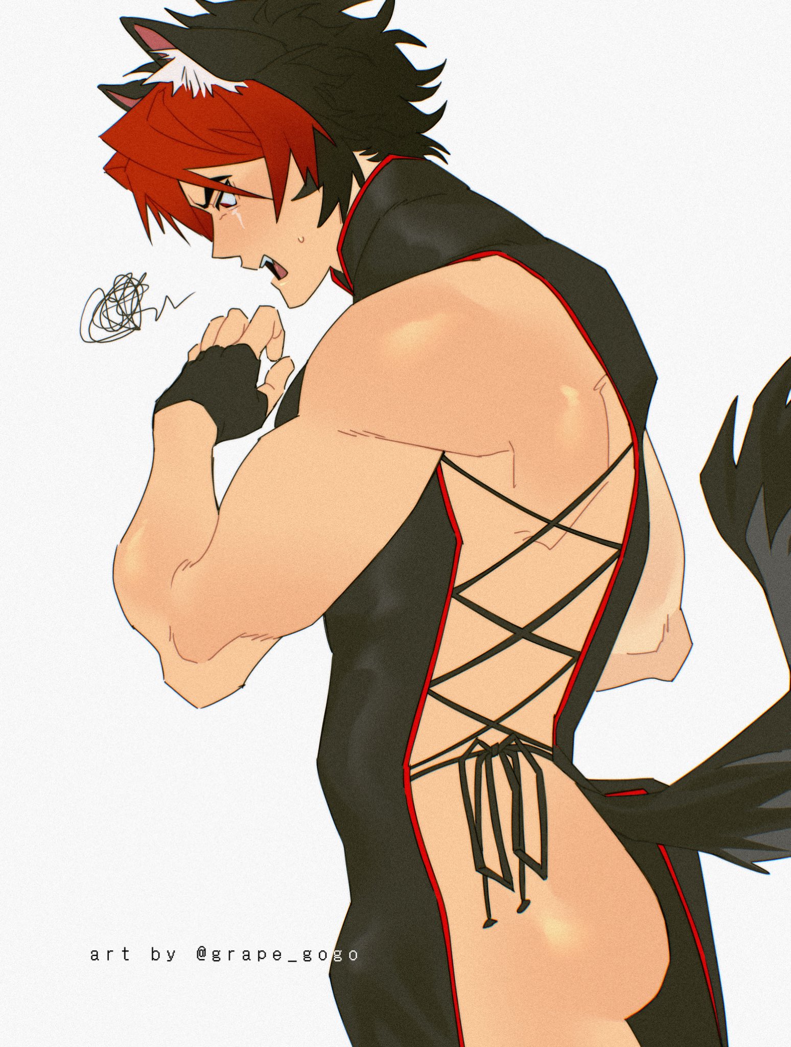 artist name, ass, ass focus, bicep, black hair, blush, bulge, clothed, dress, femboy, femboy dilf, fingerless gloves, flaccid, flustered, gloves, grape gogo, kemonomimi, komano manato, lingerie, male, male only, muscular, muscular male, nervous, red hair, scar, solo, solo male, sweat, tail, two-tone hair, zenless zone zero