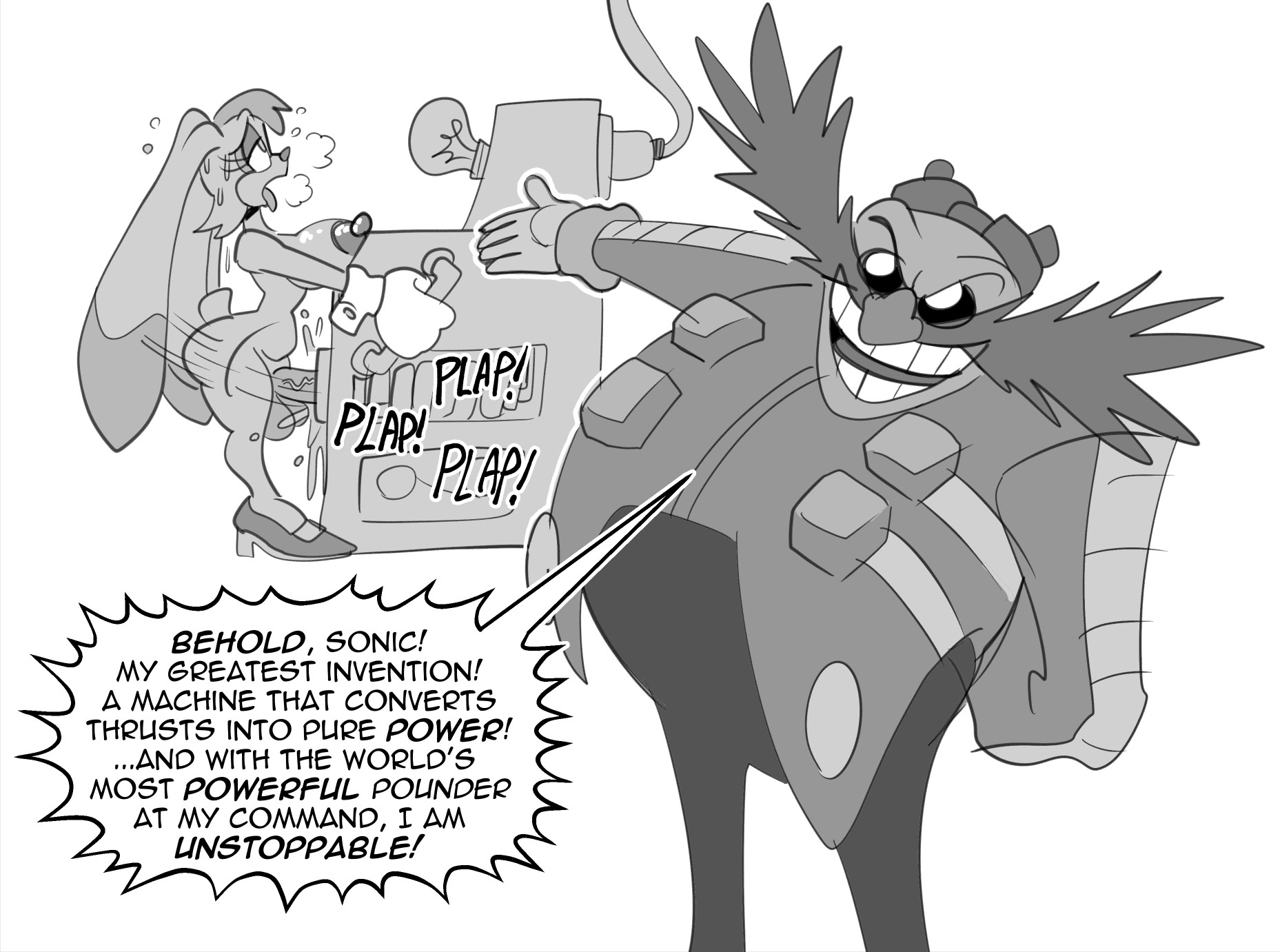 1boy, 1futa, anthro, anthro futa, arm behind back, bald, bald male, balls, breasts, clothed, clothed male nude futa, clothing, colorless, dr. eggman, eggman, erection, facial hair, furry, furry futa, futanari, galactabee, genitals, goggles, goggles on head, high heels, human, intersex, lagomorph, long ears, looking at viewer, machine, male, mammal, nipples, nude, nude futa, open mouth, penis, plap (sound), rabbit, sega, shouting, sonic (series), sonic the hedgehog (series), teeth, text, text bubble, tongue, tongue out, vanilla the rabbit, white background, yellowjackinit