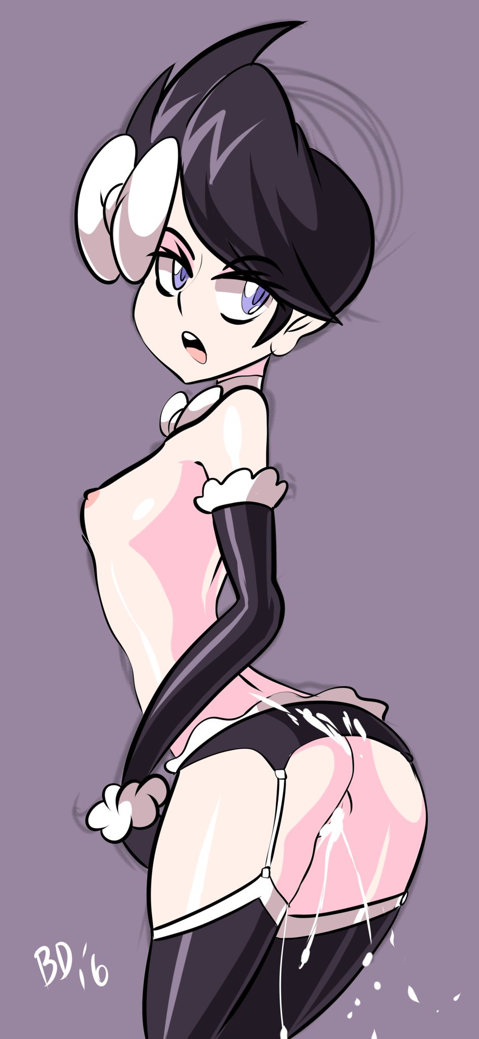 1girls, ass, bigdeadalive, black hair, breasts, cum, cum in pussy, cum on ass, female, human, looking at viewer, looking back, marley (pokemon), nintendo, nipples, nude, pokemon, pokemon dppt, pussy, shiny skin, short hair, small breasts, solo, text