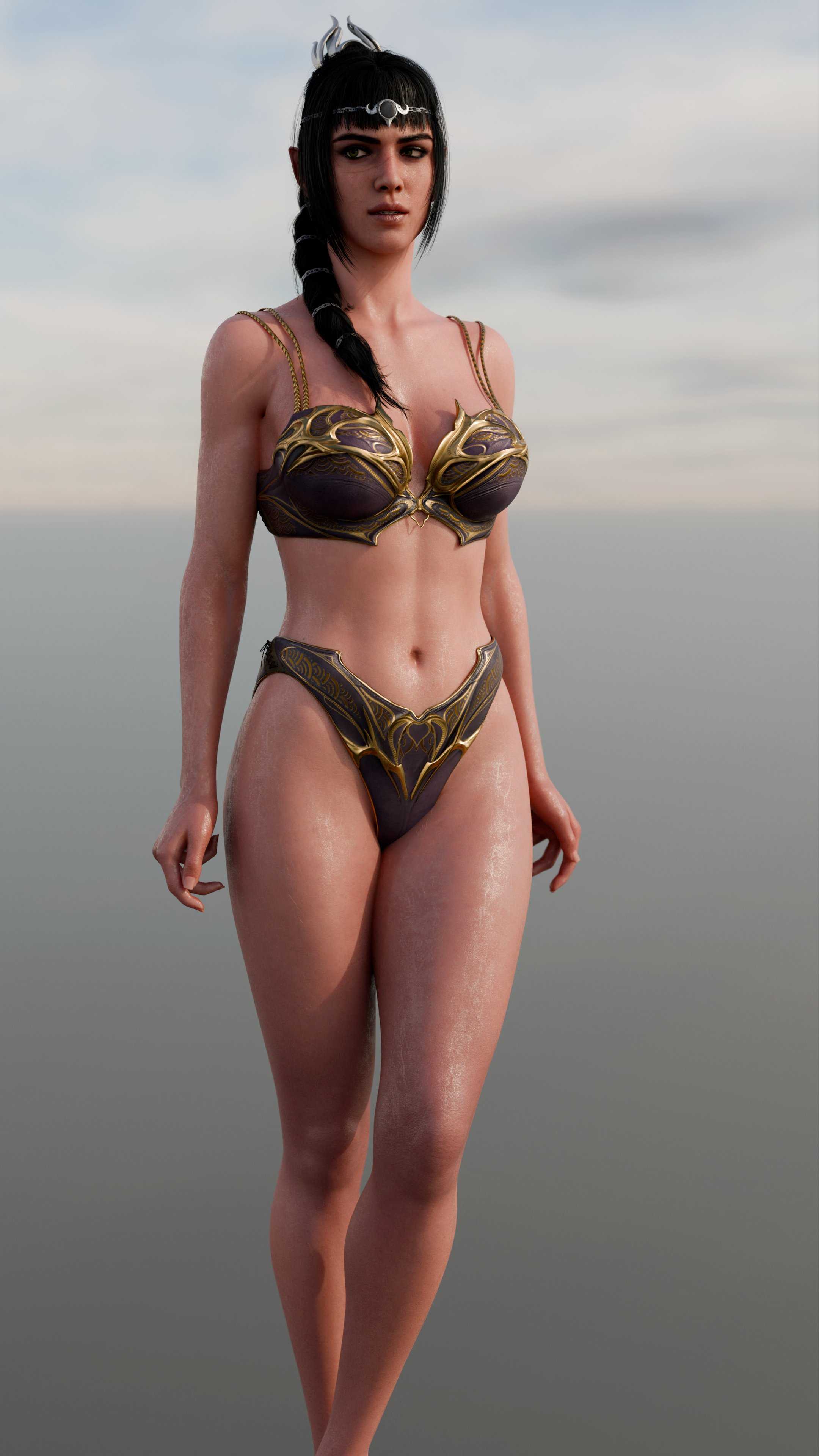1girls, 3d, baldur's gate, baldur's gate 3, bangs, belethor's smut, black hair, braid, circlet, dungeons and dragons, elf, female, green eyes, lingerie, long hair, looking to the side, pointy ears, scar, shadowheart, solo, standing, sweat