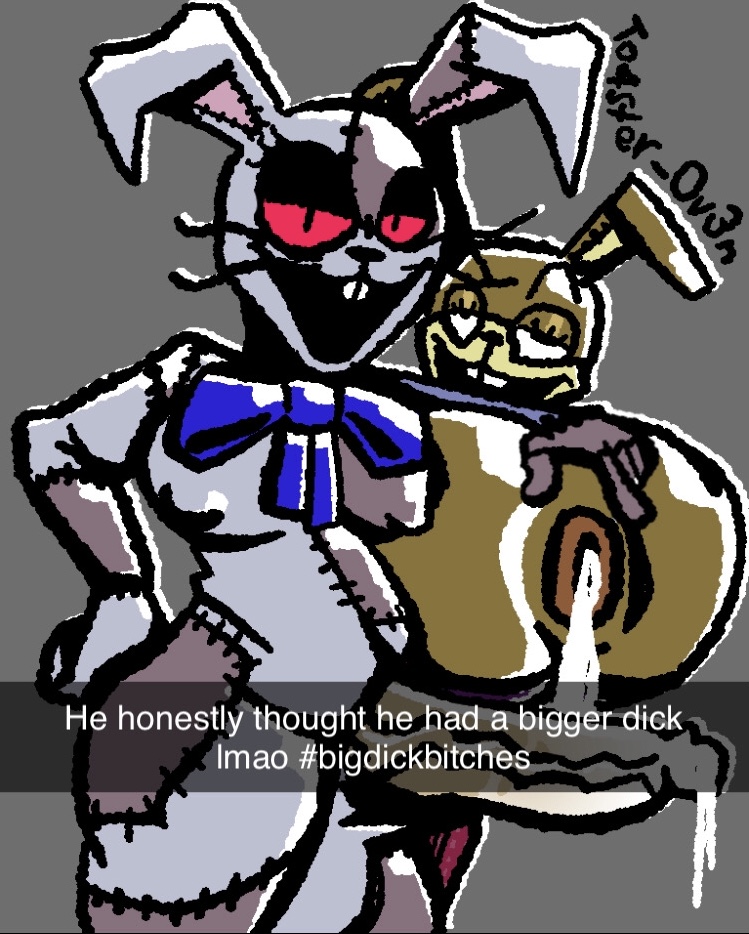 1boy, 1futa, anthro, anthro penetrated, artist signature, bow ribbon, brown fur, bunny boy, bunny girl, cum, cum in ass, cum inside, cum on body, donut anus, eyelashes, eyeshadow, female, five nights at freddy's, five nights at freddy's: help wanted, five nights at freddy's: security breach, furry, futa on anthro, futa on male, futanari, glitchtrap, glowing eyes, grey fur, hand on hip, human, intersex, male, nipple bulge, penis, red eyes, self upload, snapchat, spreading ass, stitched, to4ster-0v3n (artist), torn clothes, vanessa (fnaf), vanny (fnaf), veiny penis, wet penis