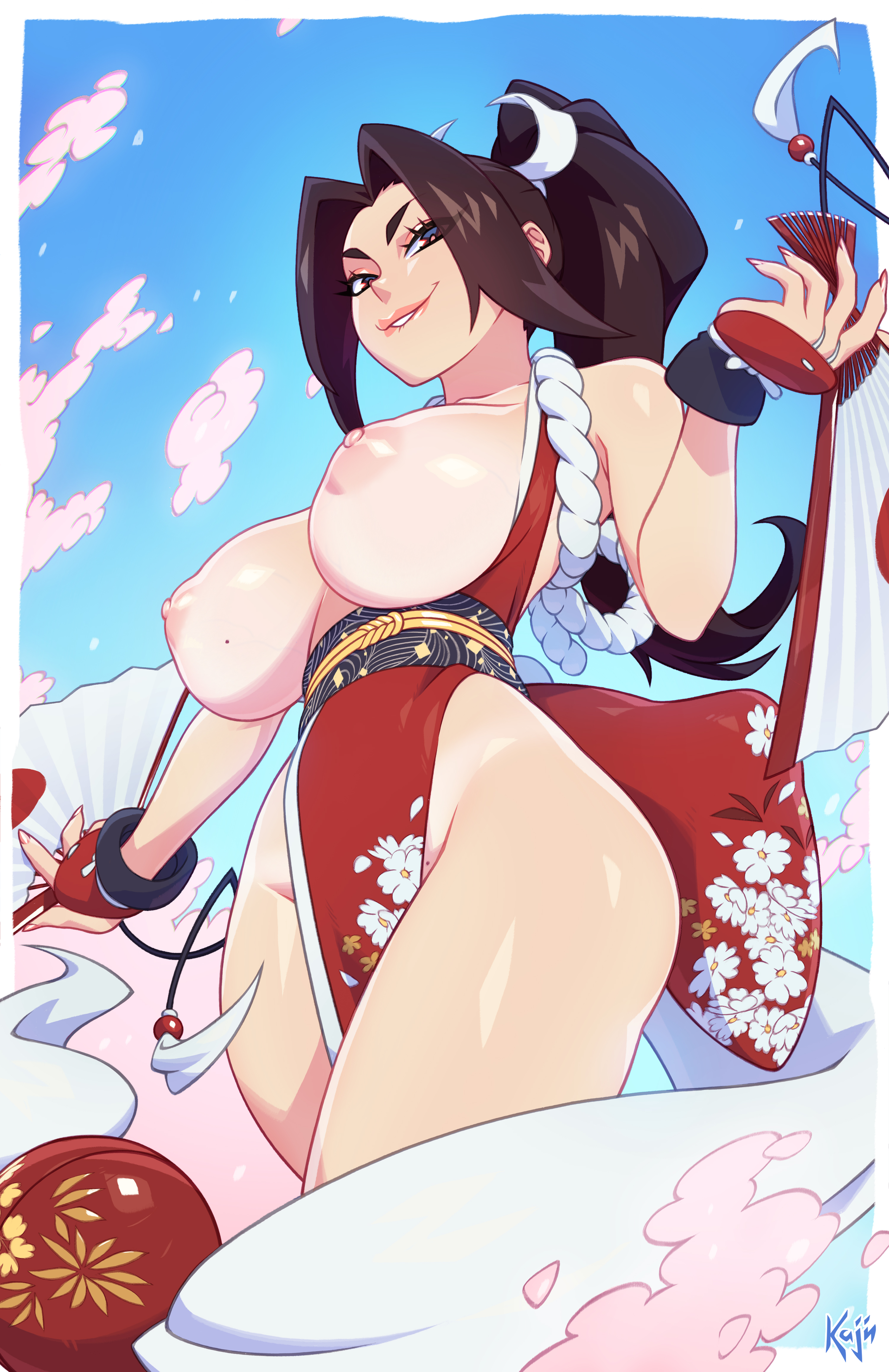 artist name, bare shoulders, blue sky, breasts, breasts out, brown eyes, brown hair, cg, cherry blossoms, fatal fury, female, floral print, folding fan, hand fan, high ponytail, holding, holding fan, japanese clothes, kajinman, king of fighters, large breasts, lips, long hair, looking at viewer, mai shiranui, makeup, mole, mole on breast, ninja, nipples, no bra, obi, parted lips, pelvic curtain, ponytail, revealing clothes, rope, sash, shiny skin, sky, smile, snk, solo, tan, tanlines, thighs