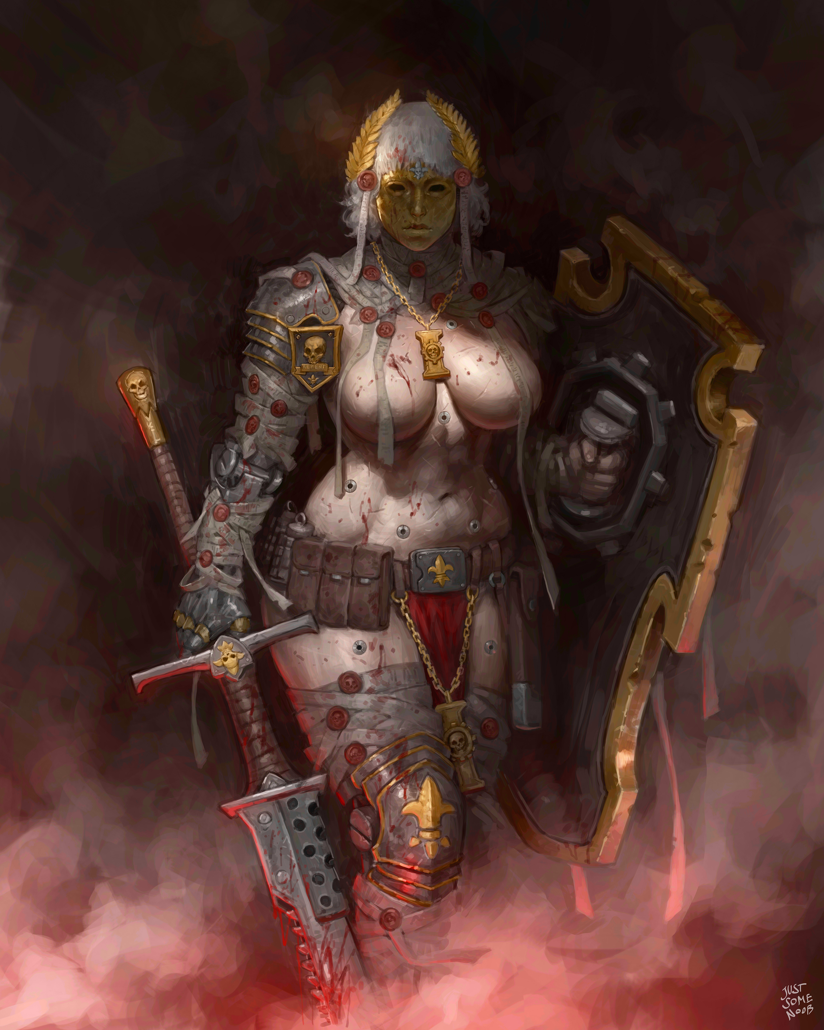 abs, abstract background, absurd res, adepta sororitas, areola, areola slip, areolae, areolae slip, armor, armored boots, armored female, armored gloves, artistic, artistic nude, bare arms, bare breasts, bare legs, bare midriff, bare thighs, big breasts, breasts, chainsword, commission, curvaceous, curvaceous female, curvaceous figure, curvy, curvy body, curvy female, curvy figure, curvy hips, digital drawing (artwork), digital media (artwork), digital painting (artwork), female, female focus, female only, gold, gold (metal), high resolution, highres, hips, hips wider than shoulders, holding weapon, human, impractical armor, justsomenoob, large breasts, laurel crown, mask, masked, masked female, muscular, muscular arms, muscular female, muscular legs, muscular thighs, nonsexual, nonsexual nudity, pale skin, pale-skinned female, realistic, realistic proportions, revealing clothes, scantily clad, sister of battle, sister repentia, solo, solo female, solo focus, tasteful, tasteful nudity, voluptuous, voluptuous female, warhammer (franchise), warhammer 40k, white hair, white skin, wide hips, wide thighs