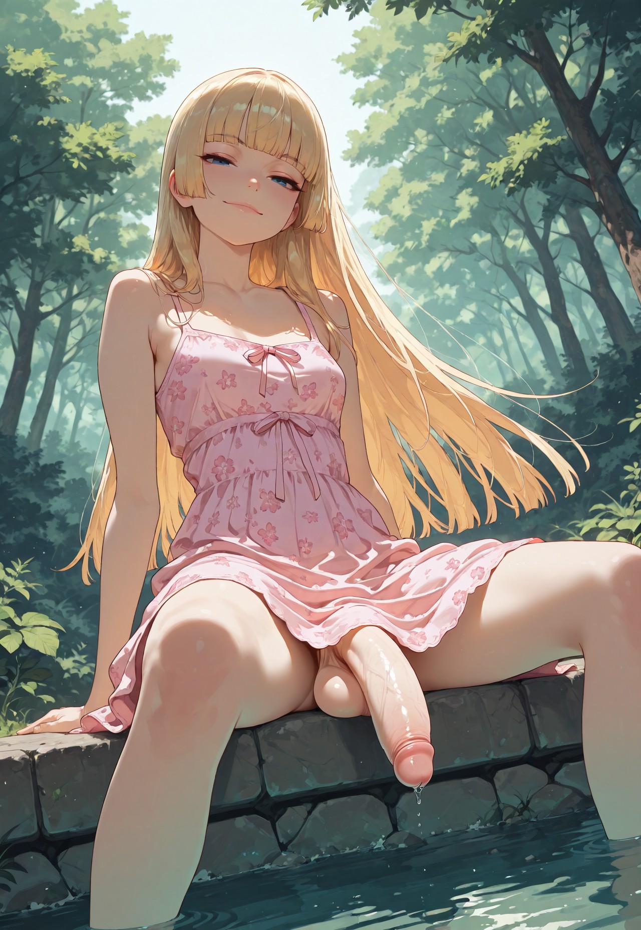 1futa, ai generated, balls, big penis, blonde hair, blue eyes, bottomless, breasts, dress, dutch angle, female, flaccid, futa only, futanari, hime cut, hime girl (jamesbron), intersex, jamesbron, large penis, long hair, looking at viewer, nature, no panties, outdoors, penis, pink dress, sitting, skinny, small breasts, solo, solo futa, spread legs, sundress, thighs