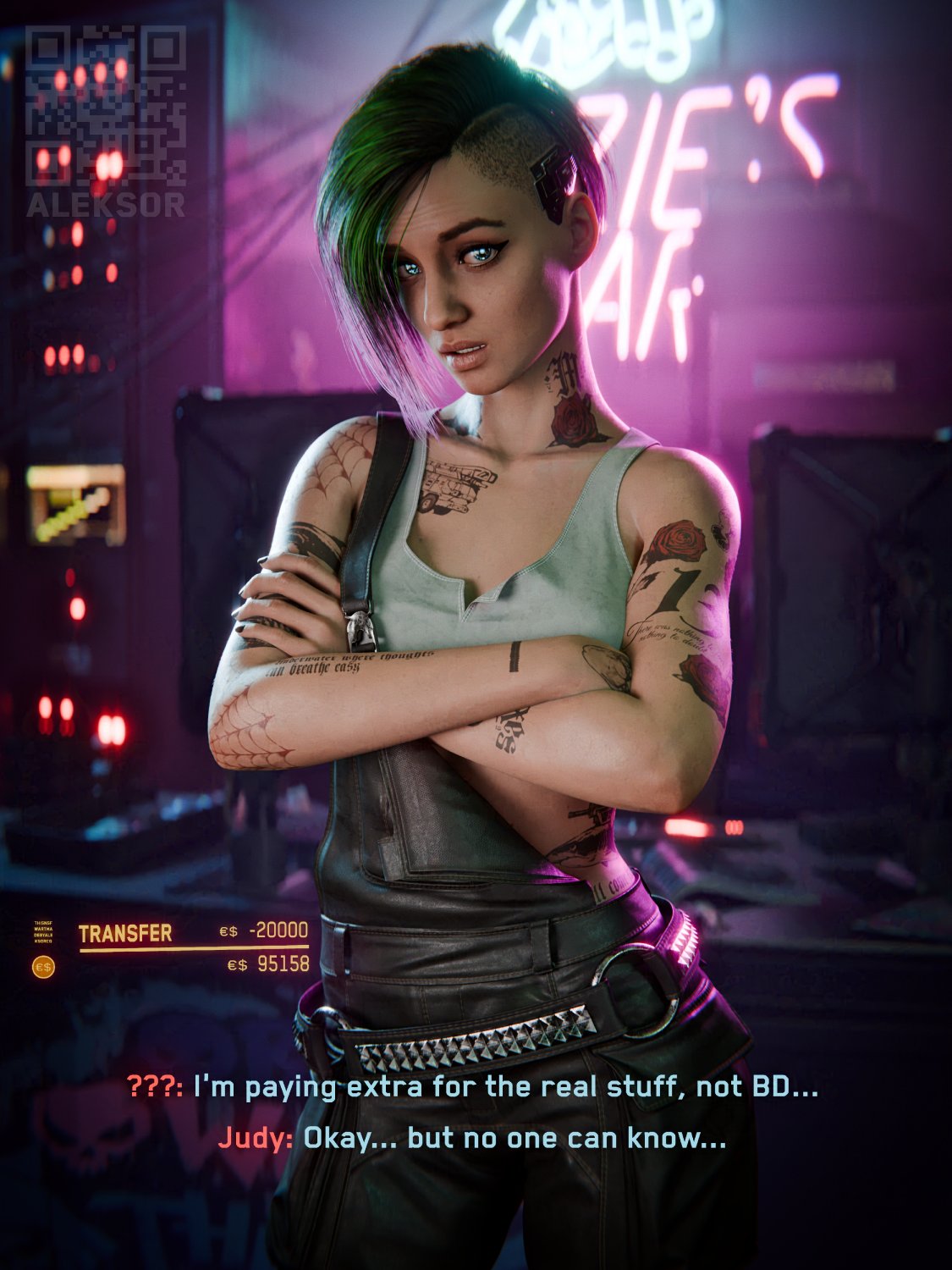 1girls, 2025, 3d, aleksor, alternate eye color, alternate version available, arms crossed, belt, black nail polish, blender (software), blue eyes, cat eyeliner, cyberpunk 2077, dyed hair, english, english text, eyeliner, female, female only, green and purple hair, hip tilt, image set, in-game background, in-universe location, indoors, judy alvarez, lesbian with male, light makeup, lipstick, nail polish, neon, neon lights, neon sign, no nude, no nudity, non nude, non-nude, orientation play, overalls, painted nails, rigid3d (model), shaved side, shirt, short hair, solo, standing, tattoo, tattoos, tattoos everywhere, text, winged eyeliner