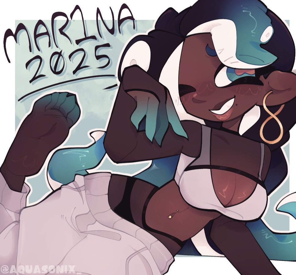 aquasonix, crop top, dark skin, dark-skinned female, female, marina (octo expansion), marina (splatoon), navel piercing, nintendo, panties, pants down, pantyhose, revealing clothes, solo female, splatoon, splatoon (series), splatoon 2, splatoon 2: octo expansion, very dark skin