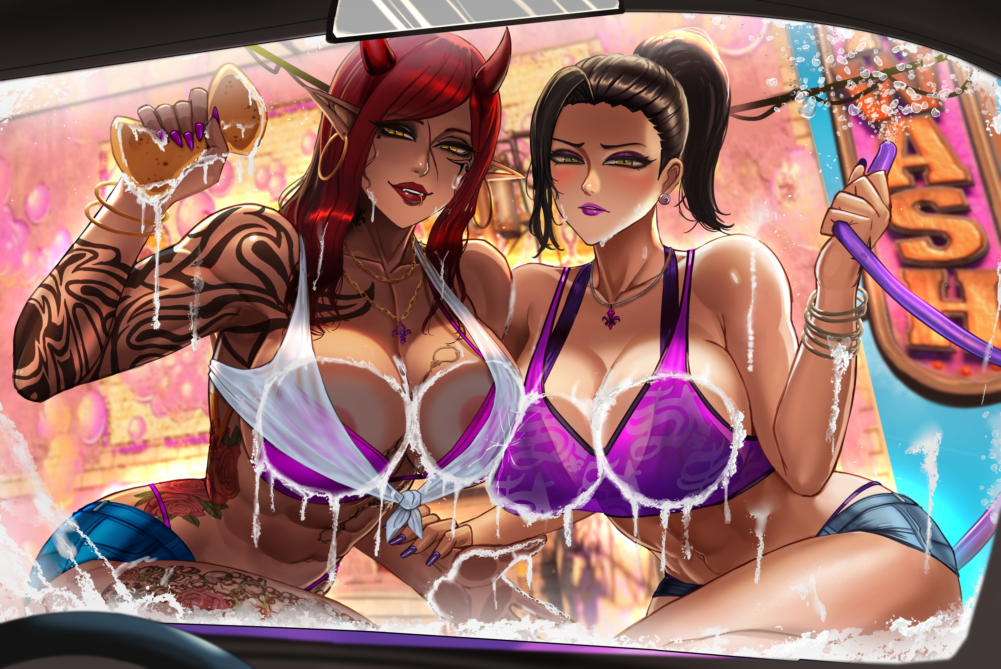 2girls, areola slip, areolae, badcompzero, big breasts, breasts, carwash, cleavage, female, female only, horns, huge breasts, red hair, saints row, shaundi, velvet