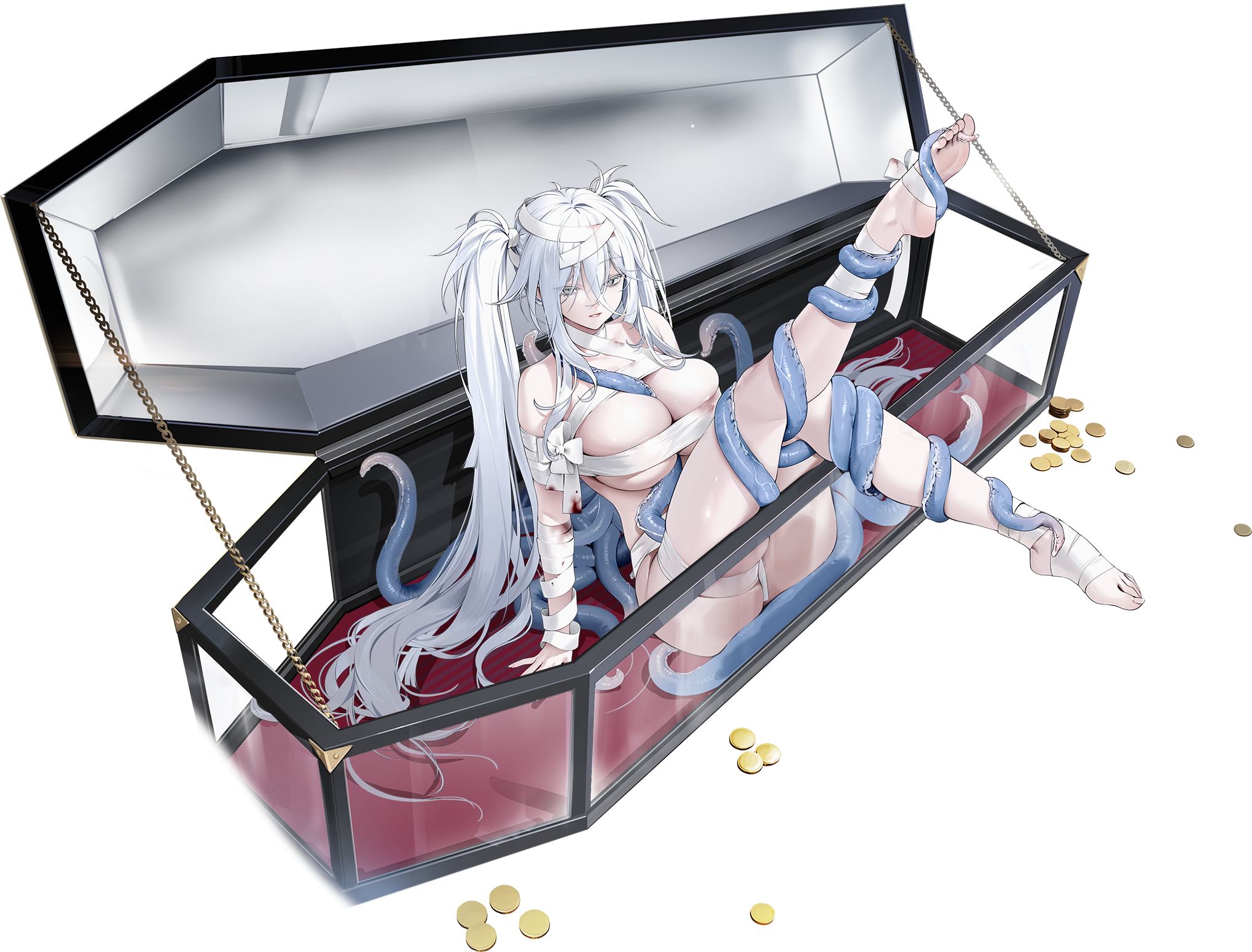 azur lane, bandaged arm, bandaged leg, bandages, barefoot, black background, bound, breasts, cg, coffin, coin, fancy (azur lane), fancy (grave of your liking) (azur lane), feet, female, full body, grey eyes, hair between eyes, in container, large breasts, leg up, legs, long hair, looking at viewer, no shoes, official art, parted lips, restrained, simple background, sitting, soles, solo, stirrup legwear, tentacle, thighs, toeless legwear, toes, tongue, twintails, very long hair, white hair