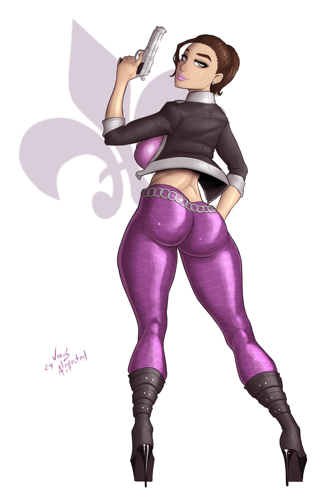1girls, 2024, 2d, ass, beautiful woman, big ass, big breasts, breasts, brown hair, bubble butt, busty, female, female focus, female only, gun, hourglass figure, mature woman, pinup, pinup pose, rear view, saints row, shaundi, solo, tagme, virus infected art, wide hips