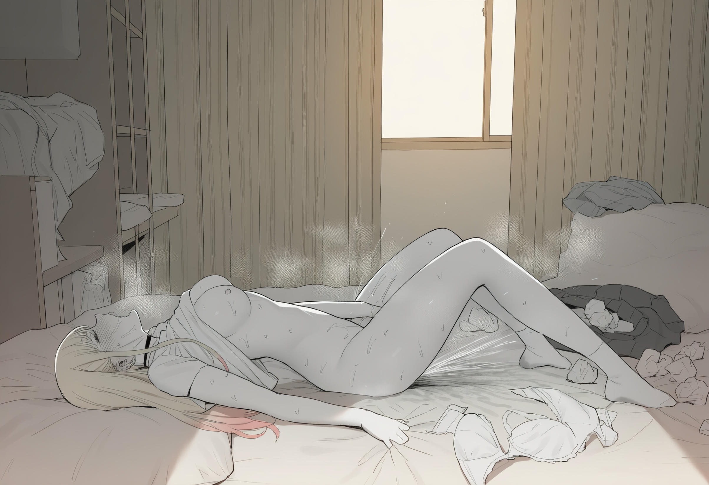 ai generated, areolae, bare thighs, big breasts, blonde hair, blush, breasts, breasts out, carnifex, closed eyes, female, female masturbation, female orgasm, gyaru, huge breasts, huge thighs, kitagawa marin, large breasts, light skin, light-skinned female, long hair, multicolored hair, nipples, open mouth, puffy nipples, pussy, pussy juice, pussy juice drip, solo female, sono bisque doll wa koi wo suru, squatting, squirting, sweat, sweatdrop, t-shirt, thick body, thick female, thick thighs, thighs, voluptuous, voluptuous female