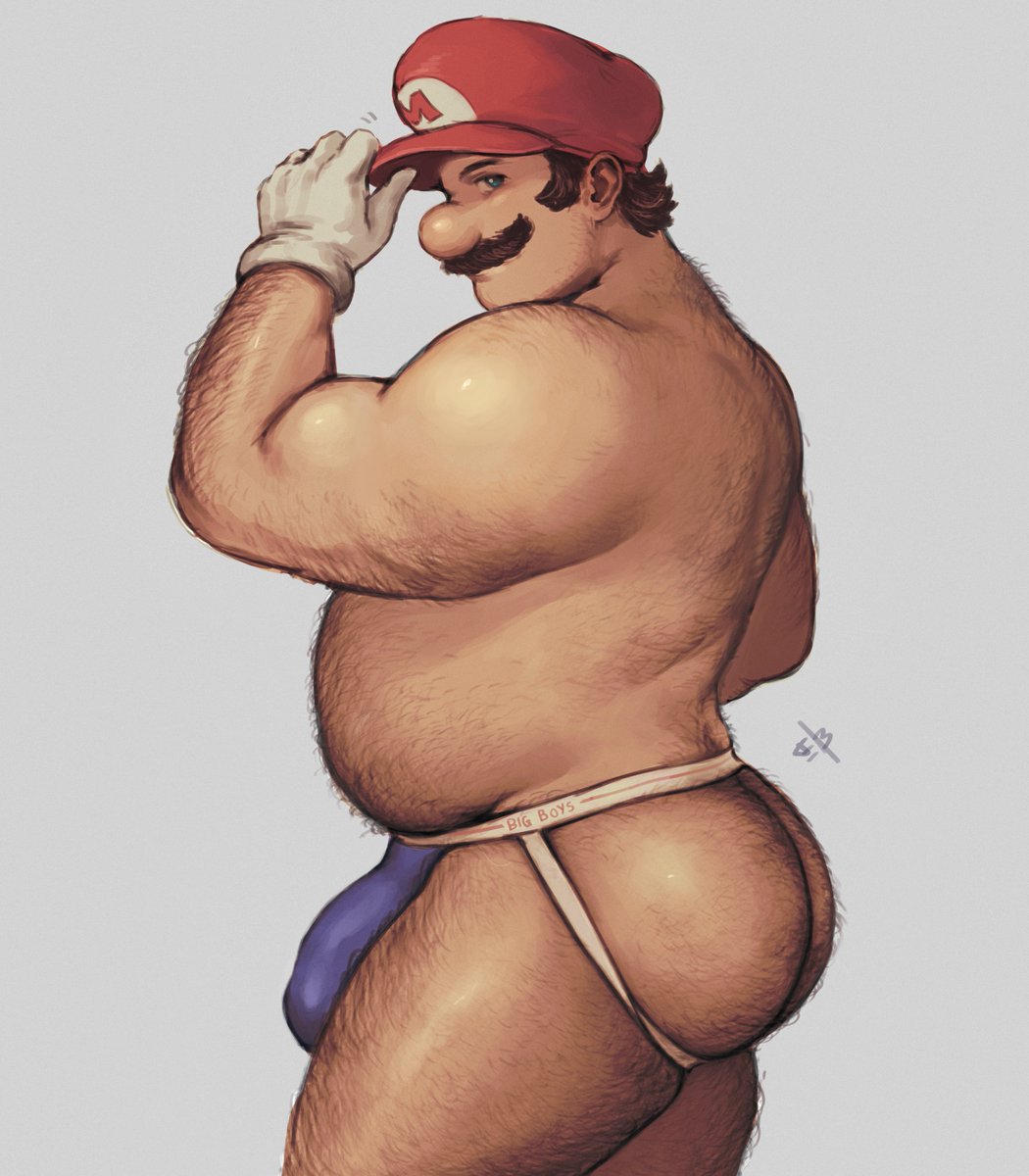 1boy, arm hair, ass, ass hair, back hair, belly, biceps, blumnight, body hair, brown hair, bulge, clothing, daddy, facial hair, fat, fat belly, fat male, gloves, hairy male, hat, human, human only, jockstrap, leg hair, light skin, light-skinned male, looking at viewer, male, male only, mammal, mario, mario (series), mature, mature male, mostly nude, mostly nude male, moustache, nintendo, overweight, overweight male, red hat, simple background, solo, solo focus, solo male, super mario bros., white gloves