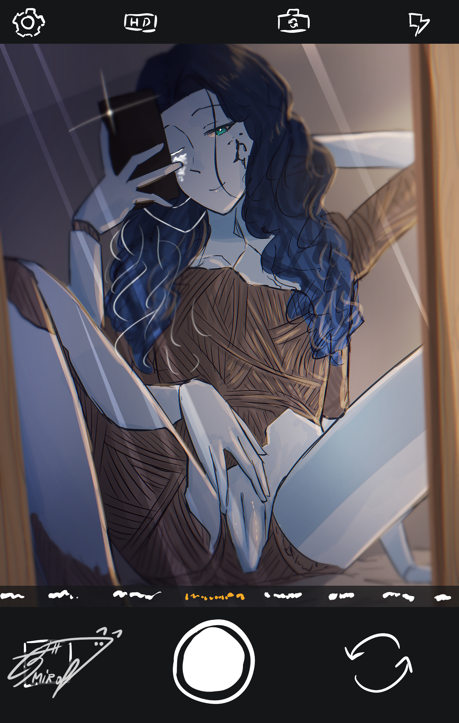 2d, 4 arms, accurate body type, artist signature, blue body, blue hair, doll, elden ring, female, female only, fromsoftware, hand on crotch, hand on own crotch, legs apart, looking at viewer, menininini, mirror, mirror selfie, multi arm, multi limb, naked female, no breasts, non-human, nude, nude female, one eye closed, phone camera, phone screen, presenting crotch, presenting pussy, pussy, ranni the witch, selfie, smartphone, solo, solo female, spreading legs, taking picture, taking selfie