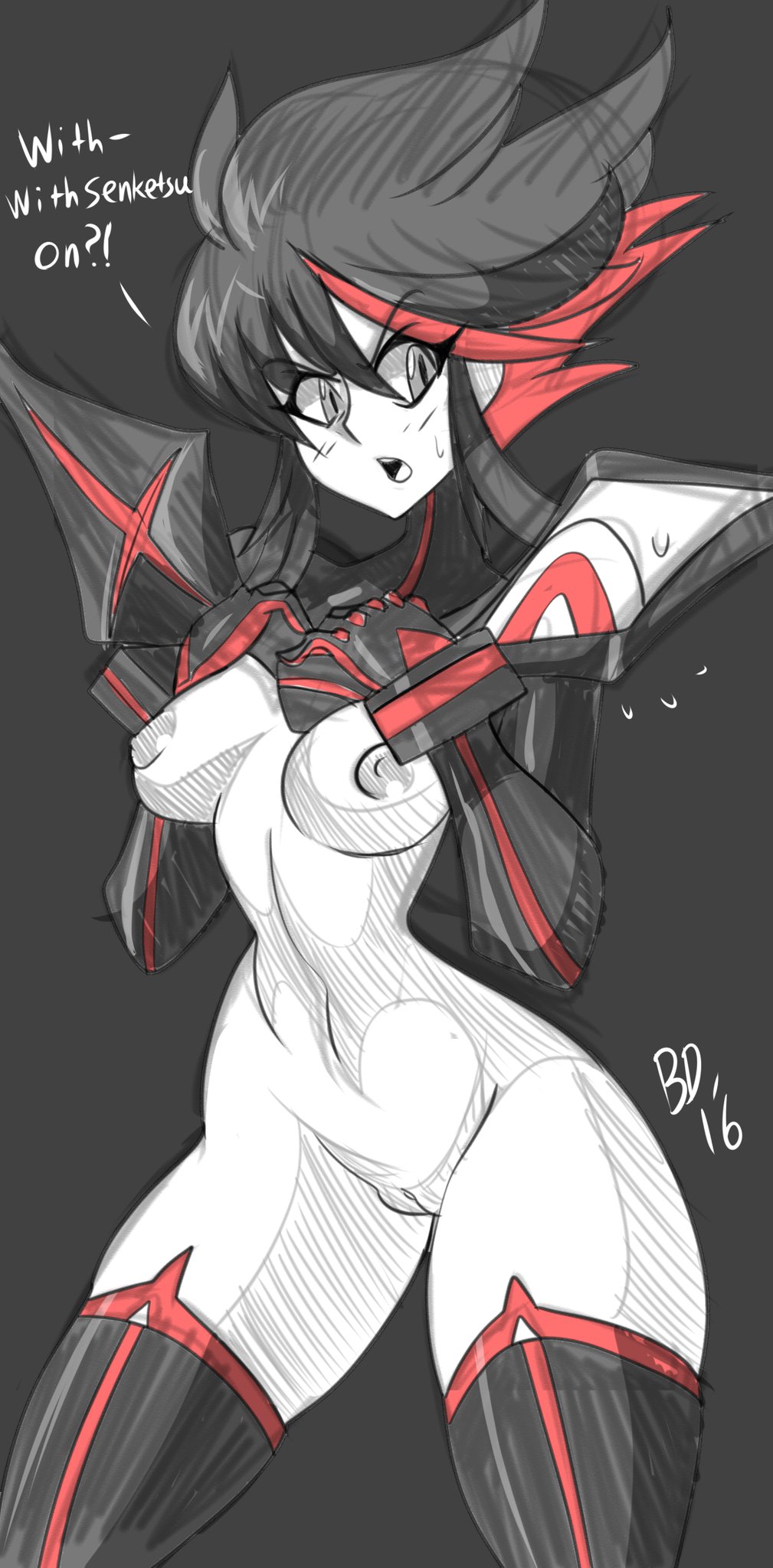 1girls, 2016, bigdeadalive, black hair, boots, breasts, curvy, female, female only, hairpods, highres, kill la kill, matoi ryuuko, multicolored hair, nipples, red hair, revealing clothes, senketsu, short hair, solo, thigh boots, thighhighs, two-tone hair
