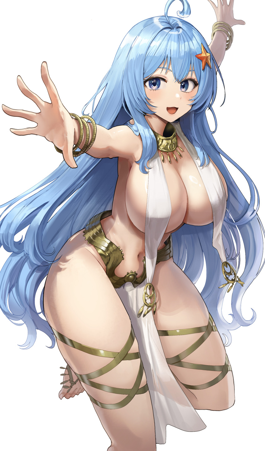 blue eyes, blue hair, bracelet, breast curtains, breasts, cleavage, dancer, dancing, female, female only, goback, gold jewelry, hair ornament, harem outfit, jewelry, large breasts, long hair, looking at viewer, navel, neck ring, open mouth, original, pelvic curtain, revealing clothes, smile, solo, standing