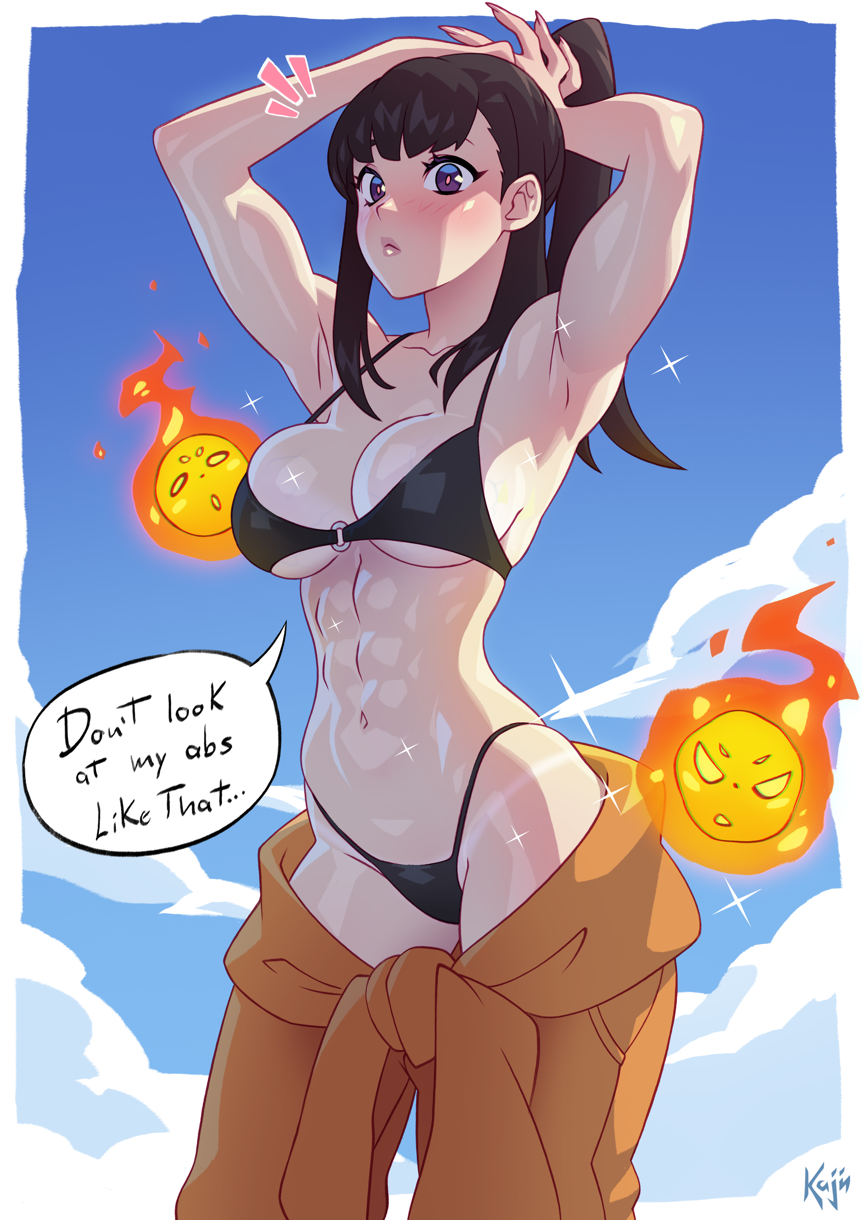 abs, armpits, arms up, artist name, bikini, bikini tan, black bikini, black hair, blue sky, blush, breasts, cg, cleavage, clothes around waist, cloud, collarbone, cowboy shot, day, en'en no shouboutai, enen no shouboutai, english text, female, fire, fire force, highleg, highleg bikini, jumpsuit, kajinman, large breasts, long hair, looking at viewer, muscular, muscular female, navel, o-ring, o-ring bikini, orange jumpsuit, outdoors, oze maki, ponytail, purple eyes, shiny skin, sky, solo, sparkle, speech bubble, standing, stomach, swimsuit, tan, tanlines, toned, tying hair, underboob