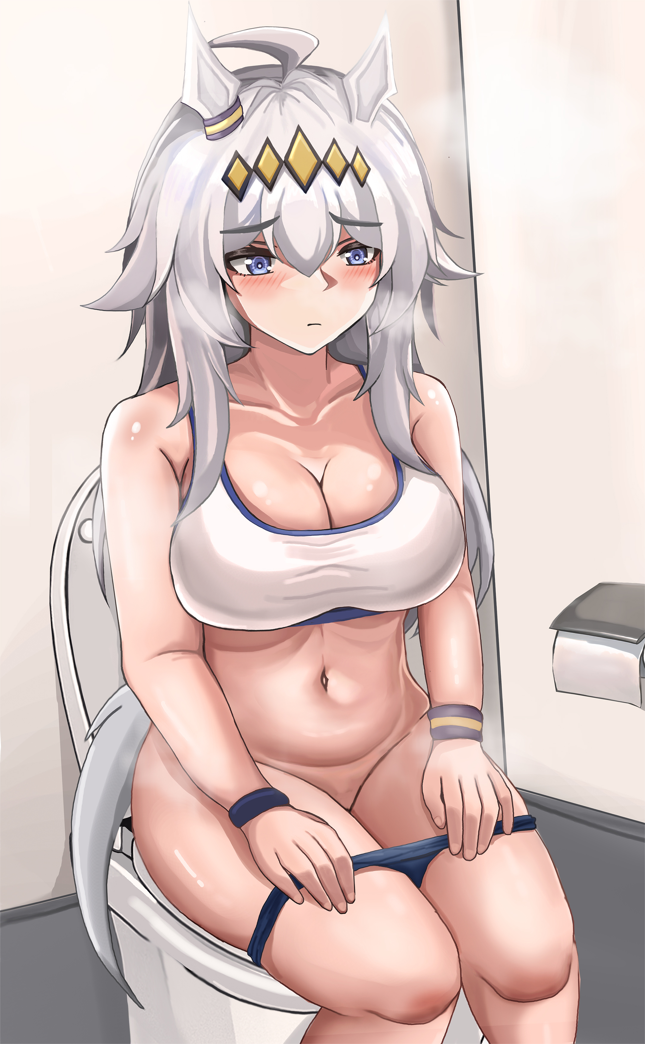 bathroom, bottomless, female, hamilton vgf, no panties, oguri cap (umamusume), panties down, peeing, pussy, shaved pussy, sitting on toilet, smooth pussy, sports bra, sports shorts, sportswear, toilet, toilet paper, toilet pee, toilet use, umamusume, umamusume pretty derby, wristband
