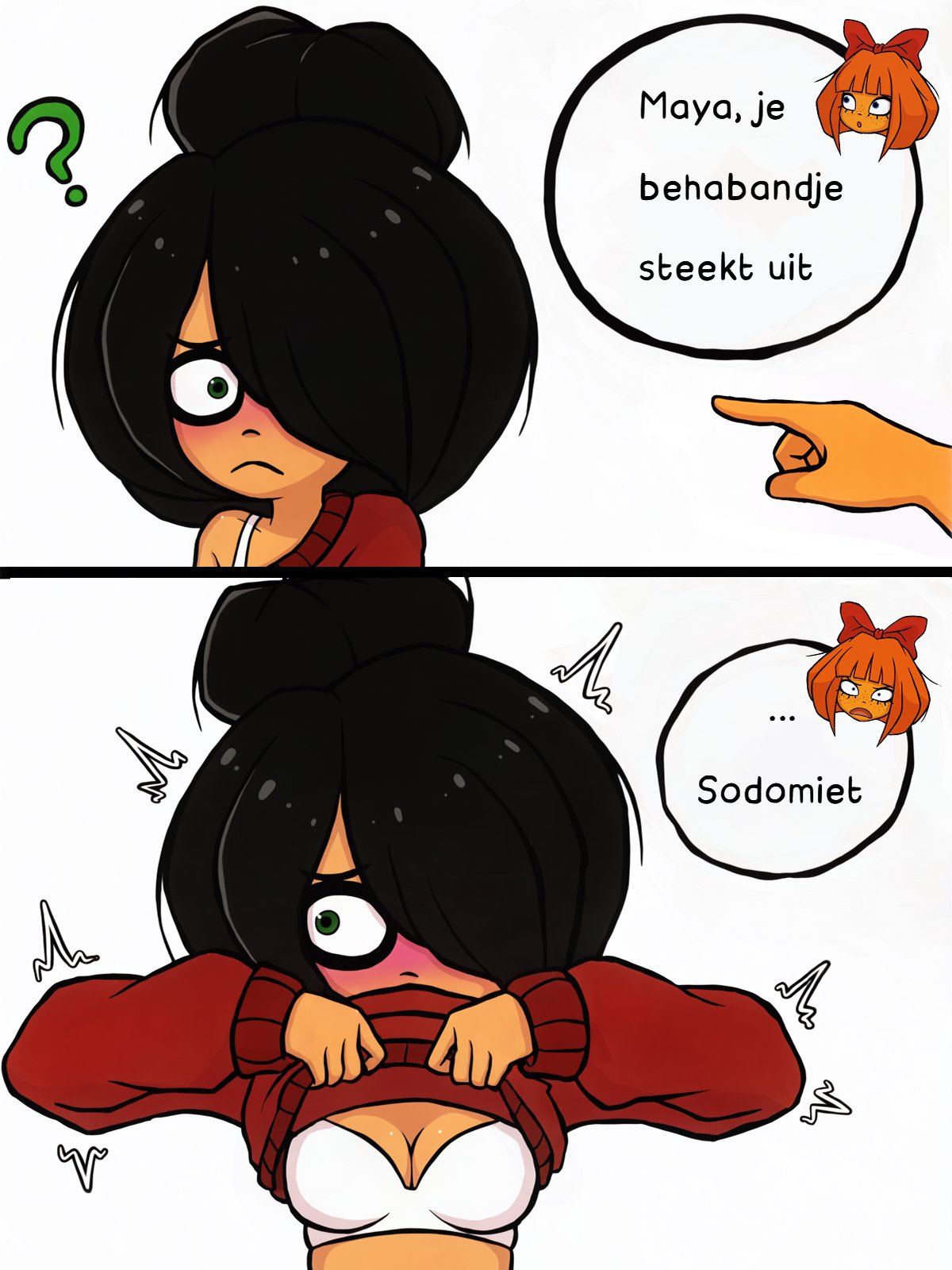 2girls, accurate art style, accurate body type, accurate proportions, angry, bags under eyes, black hair, blush, bra, bra strap, broistgruen, duplicate, dutch text, dyed hair, eye bags, flashing breasts, freckles, freckles on face, frown, green eyes, hair bun, hair over one eye, japanese female, looking to the side, maya schoppenboer, medium hair, mymy schoppenboer, off shoulder, offscreen character, ongezellig, orange hair, orange skin, pointing, posted it again award, question mark, shiny hair, southeast asian, sweater lift, tagme, tremble spikes