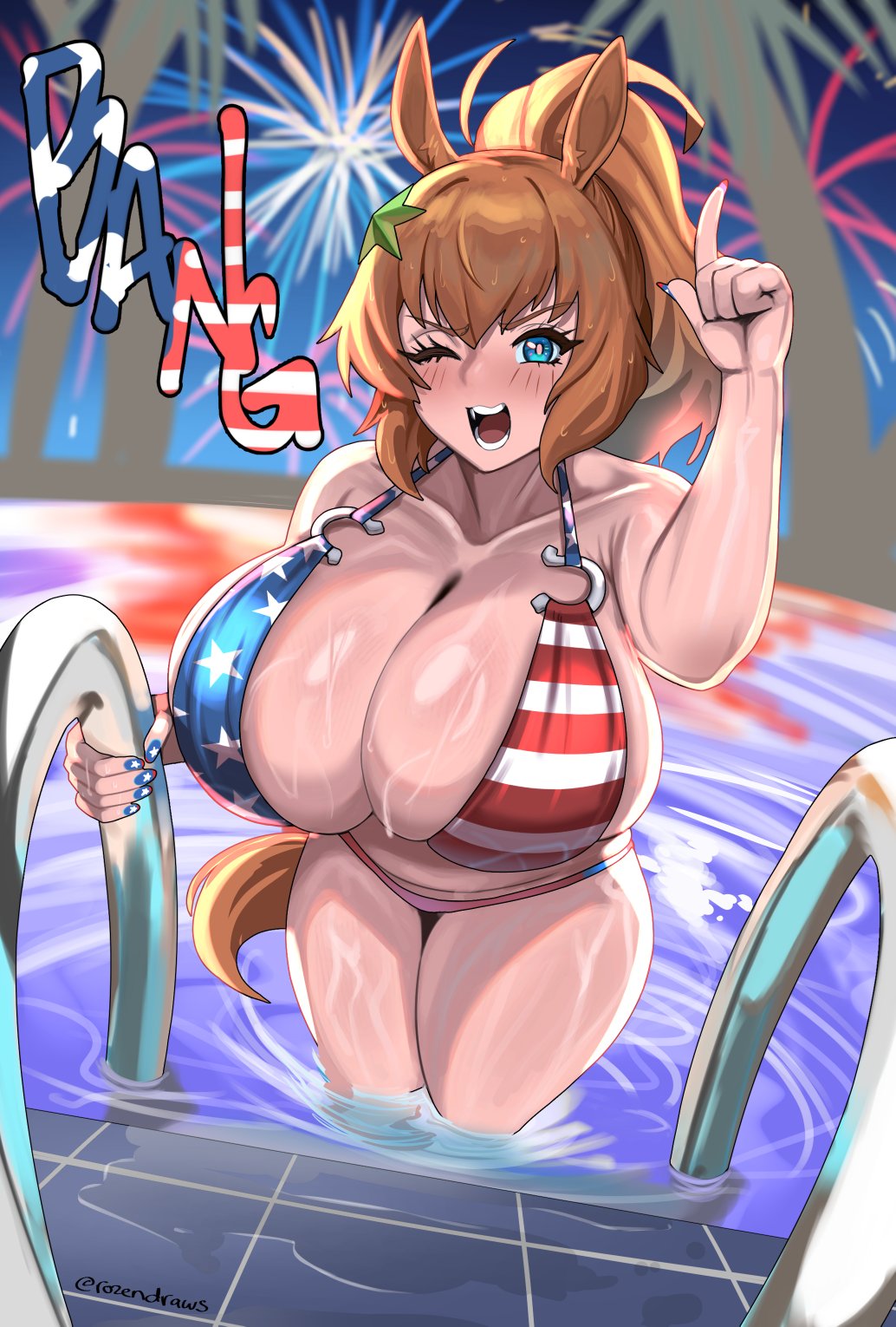 1girls american_flag_bikini animal_ears big_breasts bikini bikini_bottoms blue_eyes blue_nails blush blushing breasts breasts_bigger_than_head brown_hair cleavage clothed clothed_female cygames dripping dripping_water female finger_gun fireworks florida_bikini gaikiken getting_out_of_pool hair_ornament horse_ears horse_girl horse_tail horseshoe huge_breasts kemonomimi light_skin looking_at_viewer mouth_open nail_art nail_polish night night_sky painted_nails palm_tree pointing pointing_up ponytail pool pool_ladder showing_teeth sideboob skimpy smiling smiling_at_viewer solo swimsuit taiki_shuttle_(umamusume) talking talking_to_viewer teeth thick_thighs thighs tile_floor umamusume umamusume_pretty_derby water wet wet_breasts wet_clothes wet_floor wet_hair wet_thighs wide_hips wink winking winking_at_viewer