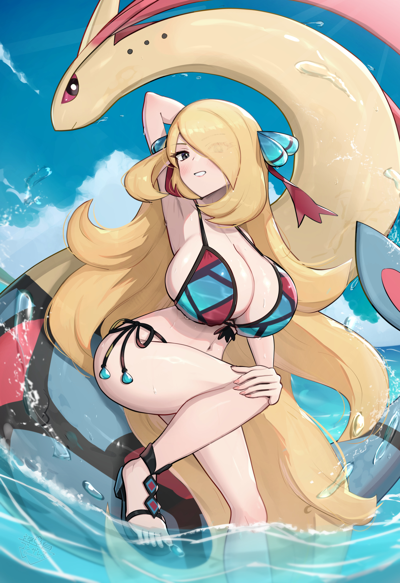 1girls, 1pokemon, alternate costume, arm behind head, armpit, arms up, bikini, blonde hair, breasts, colored, curvy, curvy figure, cynthia (pokemon), cynthia (summer 2025) (pokemon masters), game freak, gonzarez, hair ornament, hair over one eye, heeled sandals, huge breasts, long hair, looking at viewer, milotic, nintendo, ocean, pokemon, pokemon dppt, pokemon masters, posing, sandals, sky, smile, smiling at viewer, swimsuit, tagme, water