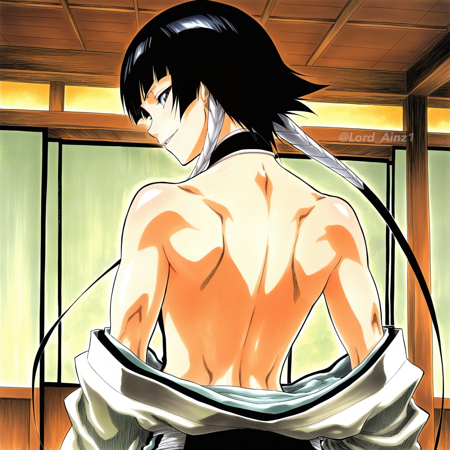 1girls, back muscles, bare back, black hair, bleach, grinning, soifon, sui-feng